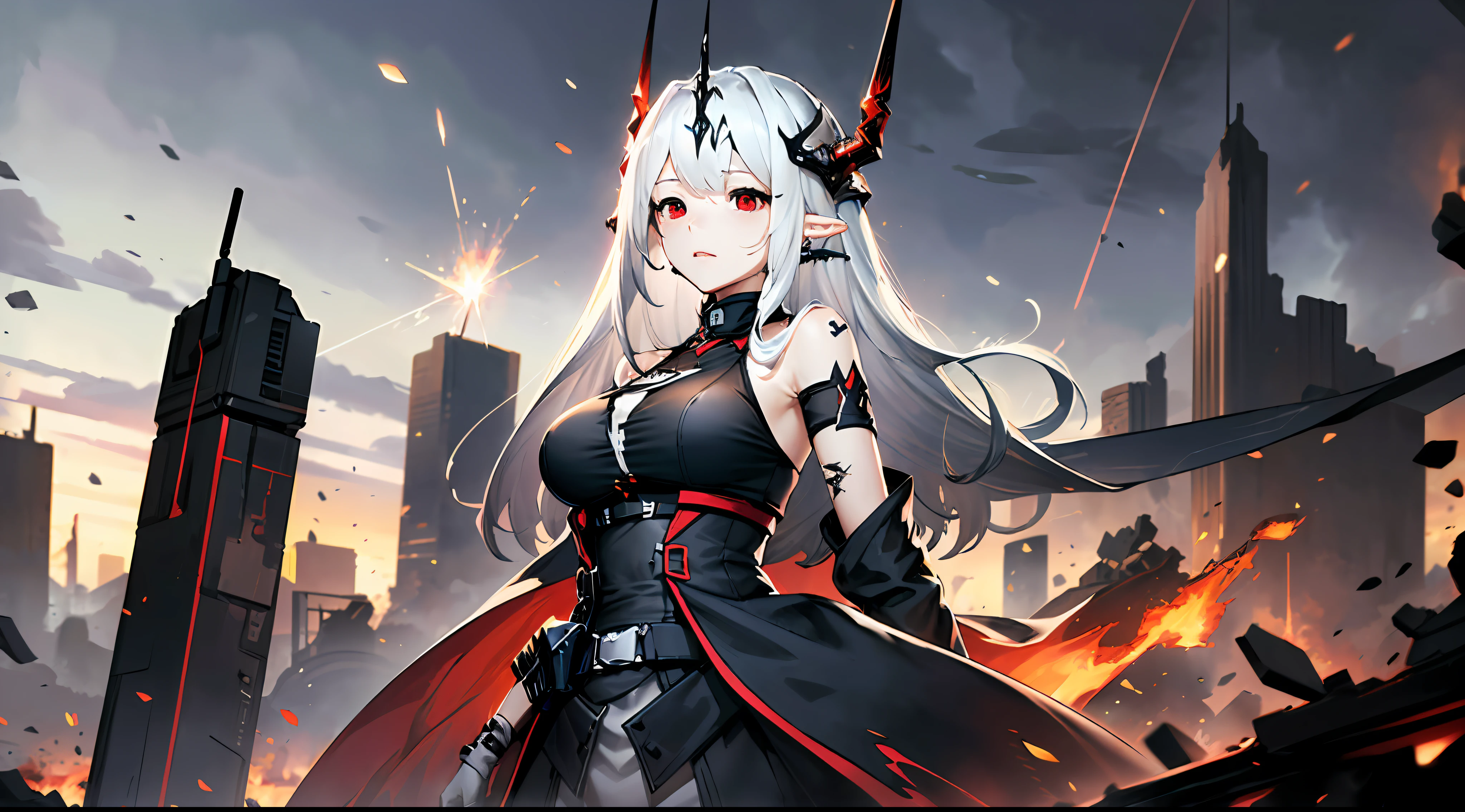 A woman in a black dress holding a sword in front of a city - SeaArt AI