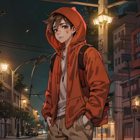 a sketch of an anime boy, brown wavy hair, hazel eyes, red hoodie, beige shorts, knee high socks, red high cut sneakers, street,...