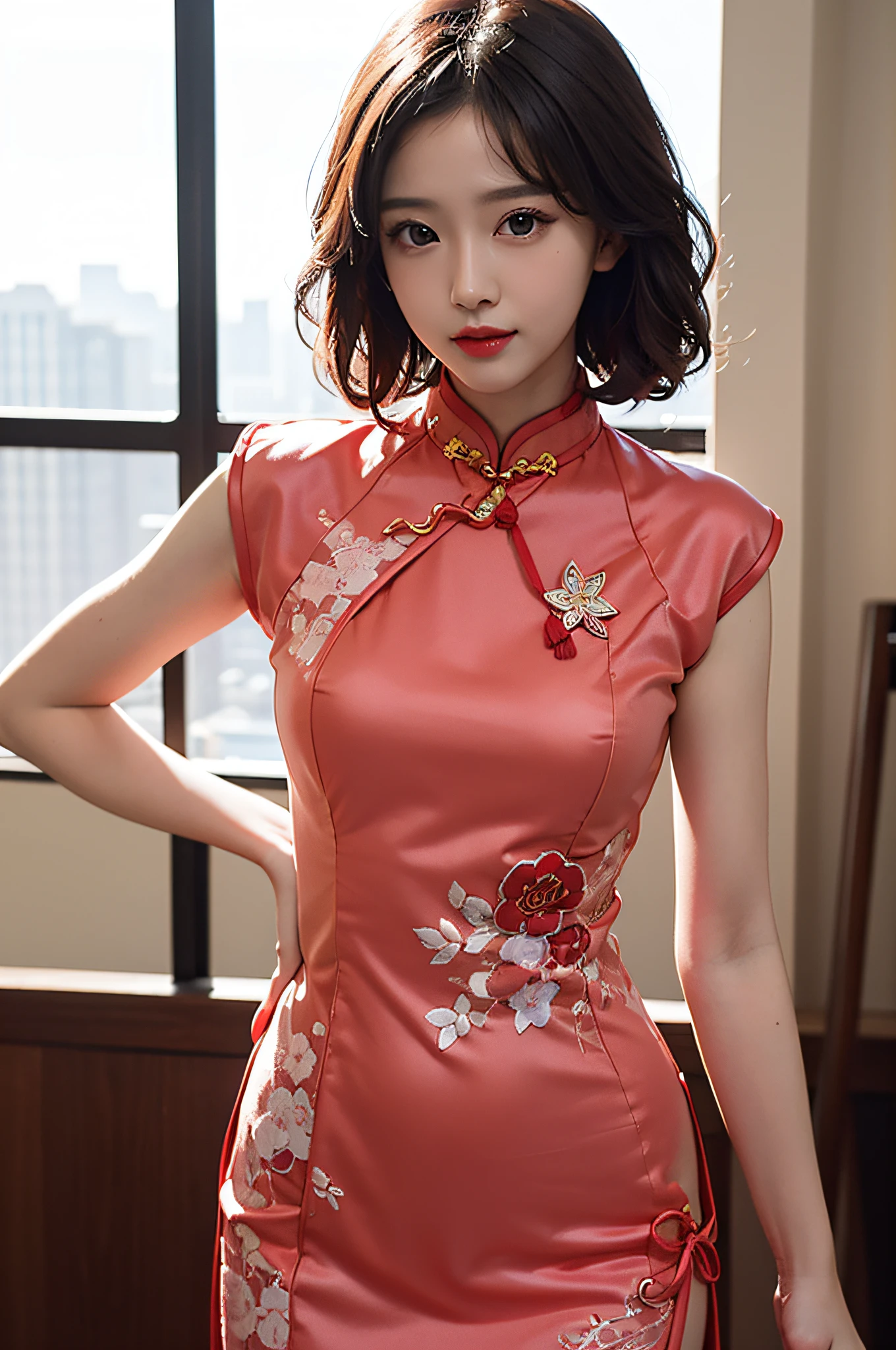 （Hyperrealistic,）4K,35mm，hyper-high detail, Professional lighting, Best quality, Ultra-high resolution, Visually stunning, (1girll:1.3), National style cheongsam,,realskin,（Perfect body 1.3）