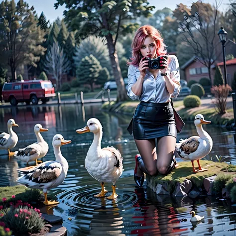 (a beautiful woman is taking pictures of ducks in a pond), (pink hair), (red lips, makeup), (white blouse), (black pencil skirt)...