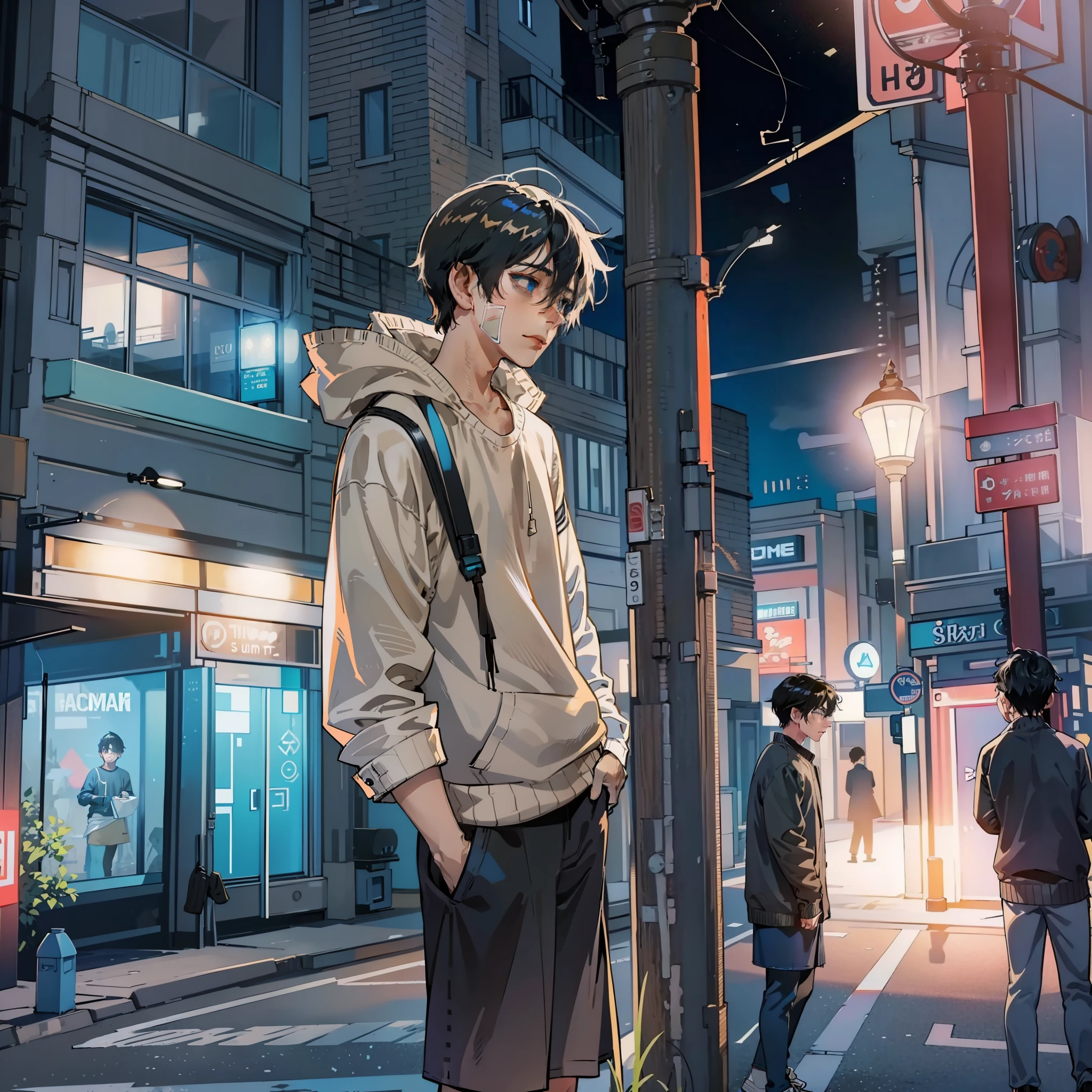 a sketch of an anime boy, black wavy hair, blue eyes, printed graphic sweater over white t-shirt, beige shirt, knee high socks, sneakers, street, boy standing on a street, leanimg on lamp post, nighttime, soft and warm lighting, aesthetic vibe, ((1boy)), ((solo, one guy, solo photo, alone))