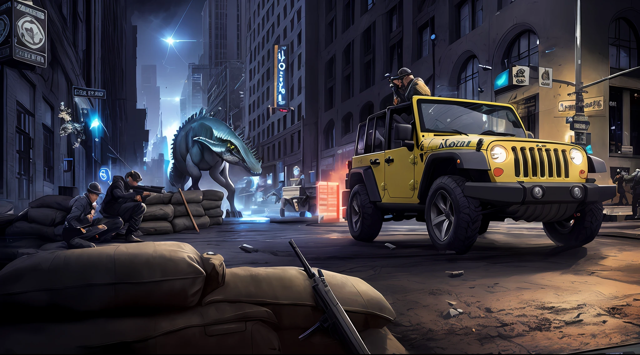 Une jeep se tenait dans la rue，Un homme dans la voiture,Ombre arrière，fusil d&#39;assaut à la main，Sur le côté du tas de sacs de sable étaient accroupis deux humains armés.，Avions，Dinosaure Superbe photo véritable concept art, illustrations épiques en 3D, art conceptuel très réaliste, Art conceptuel photoréaliste, art conceptuel photoréaliste, art conceptuel sombre et photoréaliste, wojtek fus, Art conceptuel du jeu FPS, oeuvre de fantaisie urbaine stylisée, Illustration de l&#39;écran de chargement de GTA, Art conceptuel cinématographique