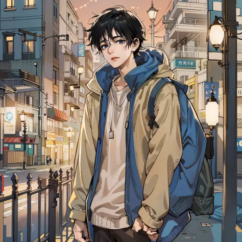 a sketch of an anime boy, black wavy hair, blue eyes, printed graphic sweater over white t-shirt, beige shirt, knee high socks, ...