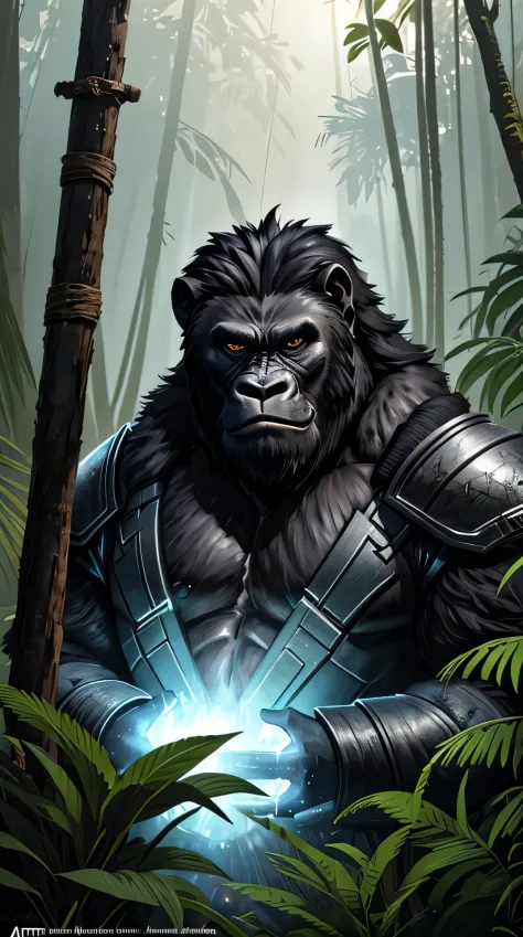RAW image, Epic scene, ((portrait)), award-winning photo portrait of a werecreature werelion gorilla, wearing a black and silver armor, with gigant axe in the hands, rainforest background, hyperdetailed, (artstation:1.5), cinematic, warm lights,