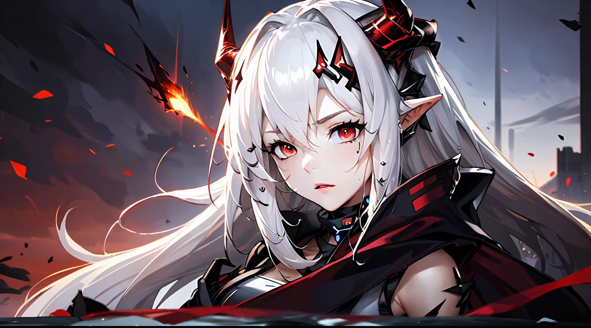 (Dynamic angle, upper body,Battlefield, artillery fire, ruins, ashes, lightning effects and Flame particle effect:1.2),(floating and spread hair:1.2), (detailed and delicate and flexible eyes),(1girl,solo,arm, oripathy lesion (arknights),splash ink,angry.open_mouth,shout,white hair,red eyes, hair ornament, pointy ears,oripathy lesion (arknights), infection monitor (arknights),black horns,Clothes are damaged,Injuries, abrasions:1.2),mudrock (arknights), (corrpution,cowboyshot:1.15), kda, fov,f/1.8, side lighting, sunlight on people (masterpiece, best quality, Ultra Detail, wallpaper, detailed shiny skin, flawless, 8k, RAW, highres,absurdres,:1.3), (detailed super oily shiny skin:1.1),[wet:0.8|mucus], colorful, power scene,(imid shot:0.95),