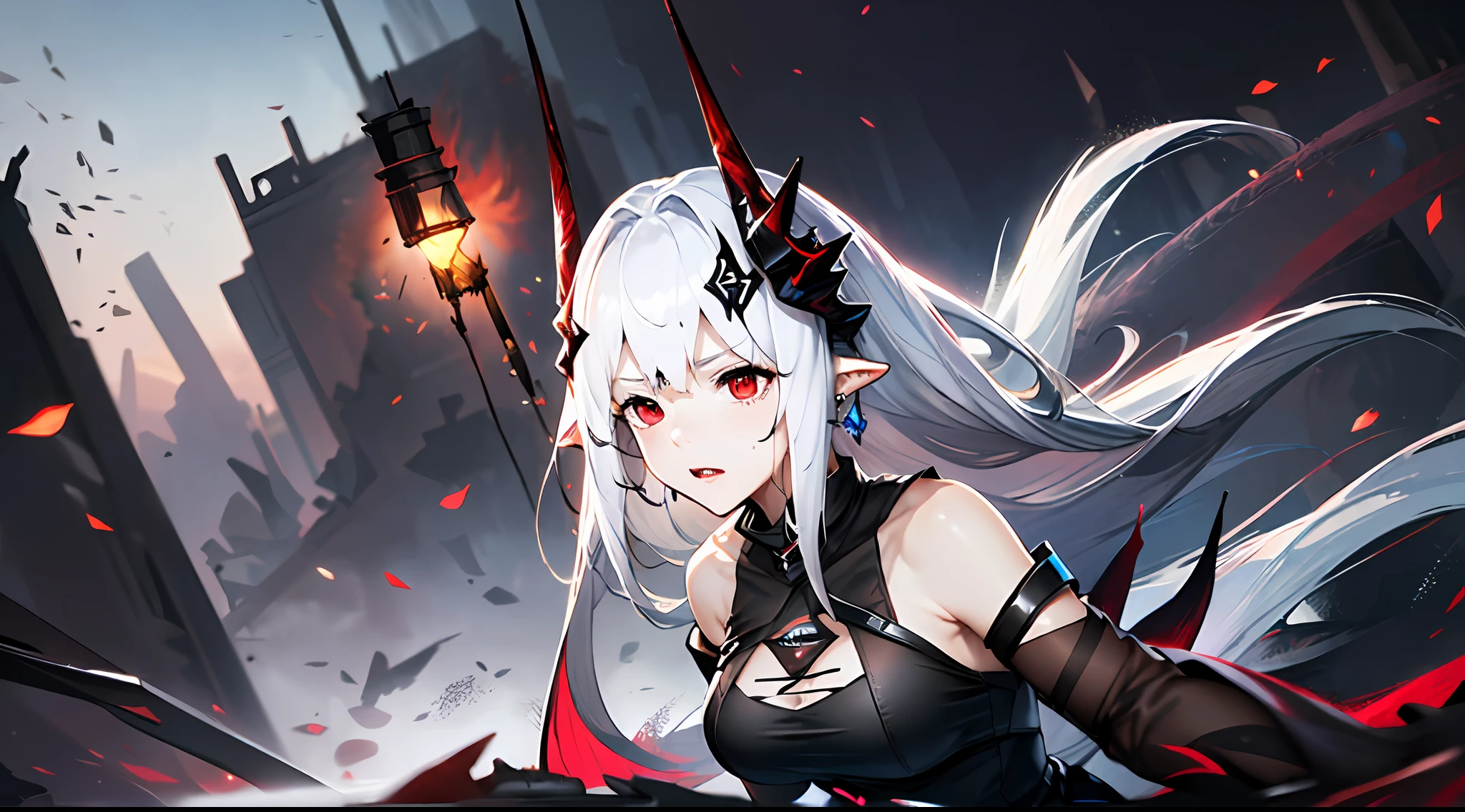 (Dynamic angle, upper body,Battlefield, artillery fire, ruins, ashes, lightning effects and Flame particle effect:1.2),(floating and spread hair:1.2), (detailed and delicate and flexible eyes),(1girl,solo,arm, oripathy lesion (arknights),splash ink,angry.open_mouth,shout,white hair,red eyes, hair ornament, pointy ears,oripathy lesion (arknights), infection monitor (arknights),black horns,Clothes are damaged,Injuries, abrasions:1.2),mudrock (arknights), (corrpution,cowboyshot:1.15), kda, fov,f/1.8, side lighting, sunlight on people (masterpiece, best quality, Ultra Detail, wallpaper, detailed shiny skin, flawless, 8k, RAW, highres,absurdres,:1.3), (detailed super oily shiny skin:1.1),[wet:0.8|mucus], colorful, power scene,(imid shot:0.95),