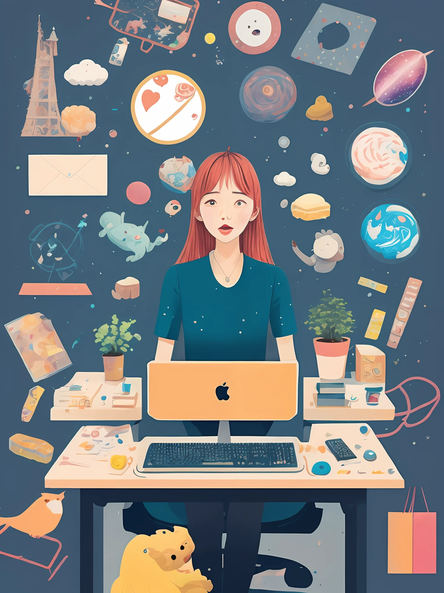 На заднем фоне, Ее воображаемый мир хаотичен, такие как космос, Амазонка, Покупка, сладости, животные, и любовь.、Женщина-графический дизайнер сидит за столом перед компьютером