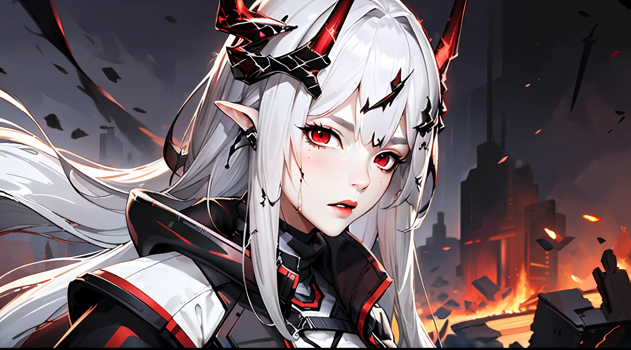 (Dynamic angle, upper body,Battlefield, artillery fire, ruins, ashes, lightning effects and Flame particle effect:1.2),(floating and spread hair:1.2), (detailed and delicate and flexible eyes),(1girl,solo,arm, oripathy lesion (arknights),splash ink,angry.open_mouth,shout,white hair,red eyes, hair ornament, pointy ears,oripathy lesion (arknights), infection monitor (arknights),black horns,Clothes are damaged,Injuries, abrasions:1.2),mudrock (arknights), (corrpution,cowboyshot:1.15), kda, fov,f/1.8, side lighting, sunlight on people (masterpiece, best quality, Ultra Detail, wallpaper, detailed shiny skin, flawless, 8k, RAW, highres,absurdres,:1.3), (detailed super oily shiny skin:1.1),[wet:0.8|mucus], colorful, power scene,(imid shot:0.95),