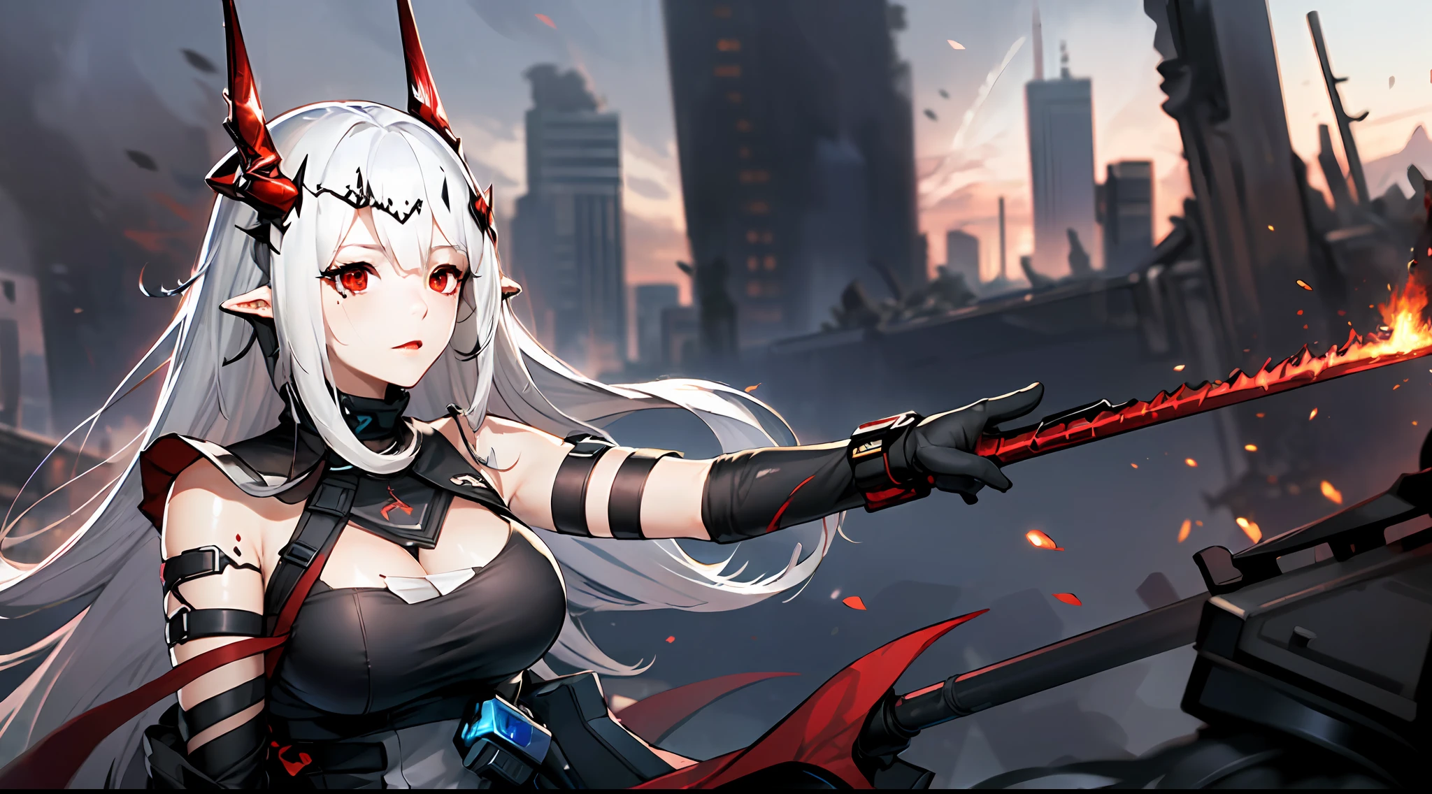 (Dynamic angle, upper body,Battlefield, artillery fire, ruins, ashes, lightning effects and Flame particle effect:1.2),(floating and spread hair:1.2), (detailed and delicate and flexible eyes),(1girl,solo,arm, oripathy lesion (arknights),splash ink,angry.open_mouth,shout,white hair,red eyes, hair ornament, pointy ears,oripathy lesion (arknights), infection monitor (arknights),black horns,Clothes are damaged,Injuries, abrasions:1.2),mudrock (arknights), (corrpution,cowboyshot:1.15), kda, fov,f/1.8, side lighting, sunlight on people (masterpiece, best quality, Ultra Detail, wallpaper, detailed shiny skin, flawless, 8k, RAW, highres,absurdres,:1.3), (detailed super oily shiny skin:1.1),[wet:0.8|mucus], colorful, power scene,(imid shot:0.95),