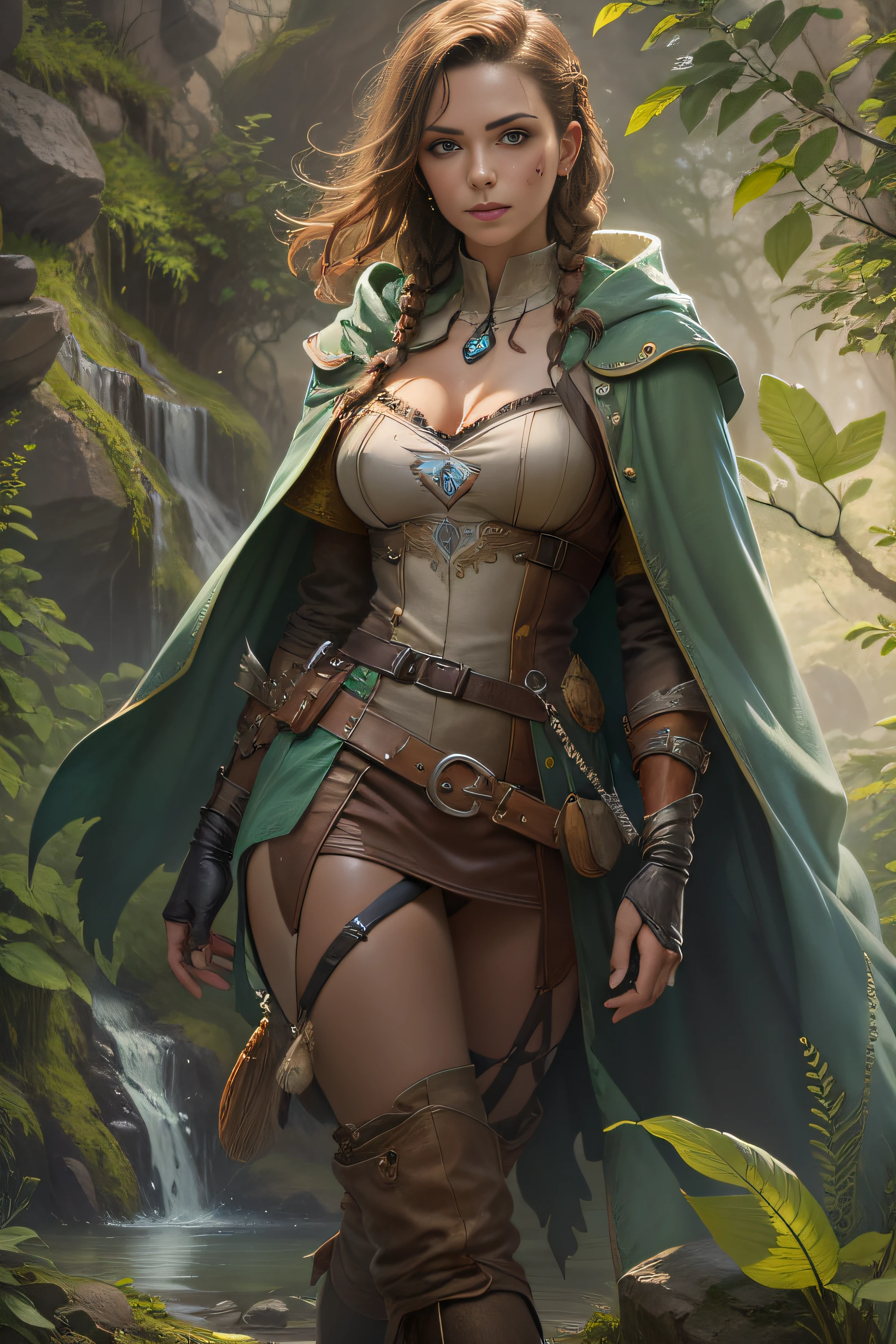 (masterpiece, best quality), photorealistic rendering, game cg cinematic, abstract and colorful drawing style, 1 girl, sexy figure, freckles, sexy posing, silver fishtail braid, solo, (full body:0.6), detailed background, detailed face, (stone theme:1. 1) falconer, falconer's gloves, slight smile, medieval fantasy, high fantasy, brown leather clothing, cloak, hood, belts, belt, belt, enchanted forest, bushes, vines, rocks, lake, (Style-SwampMagic:0.4), roots, leaves, ferns, (butterflies:0.9), feathers, wildlife, sunlight