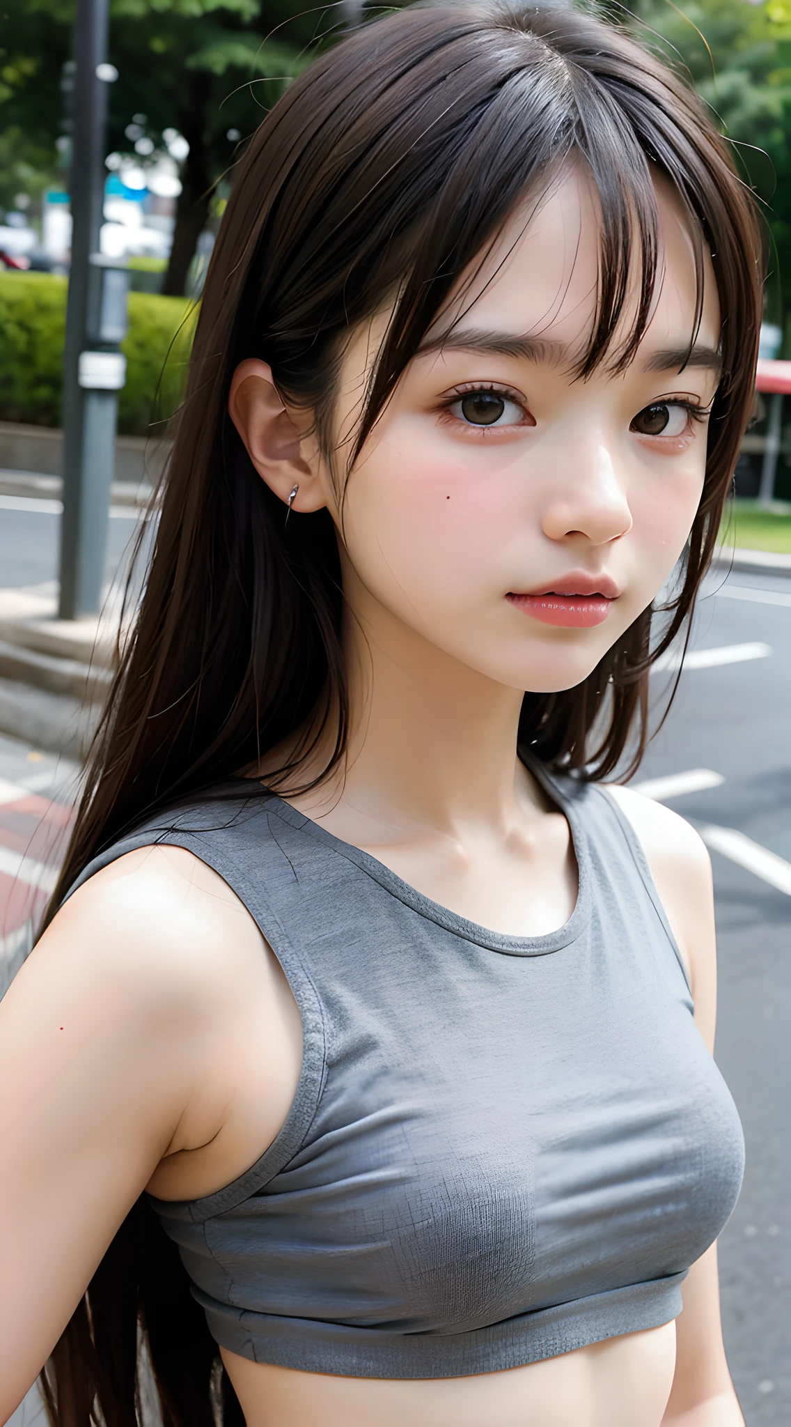 (masterpiece, best quality:1.5), 8k, 18yo, 85mm, official art, raw photo, absurdres, violaceaess, gardeniass, upper body, close up, solo, delicate girl, tank top, cinch waist, street, bokeh background, looking at viewer, natural, candid, (summer, standing, side shot:0.6), sharp focus, facelight, detailed eyes and face