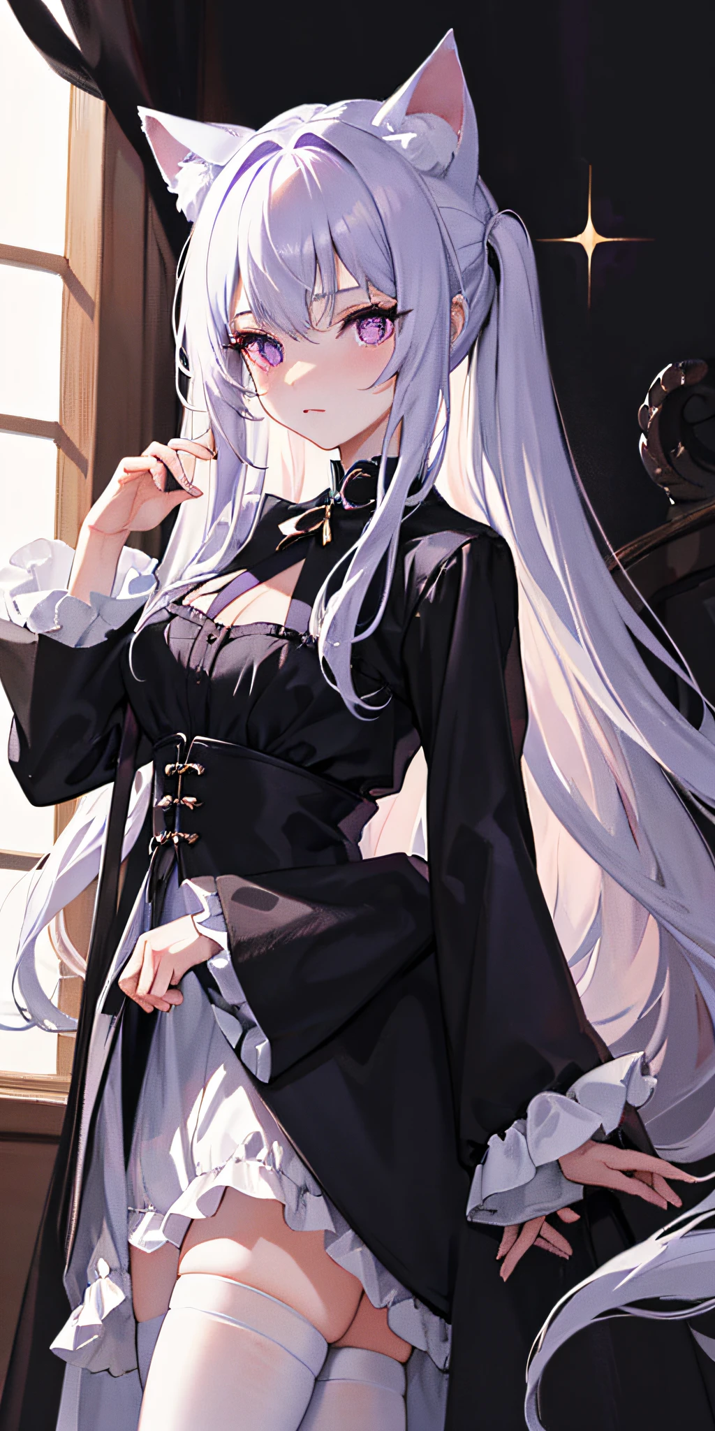 master piece<best quality,1girl,solo,(lady),cat ear,white long hair,:3,wariza,beautiful detailed black dress,black silk stockings,shade,shy face,purple eyes,sparkling eyes,waist robe