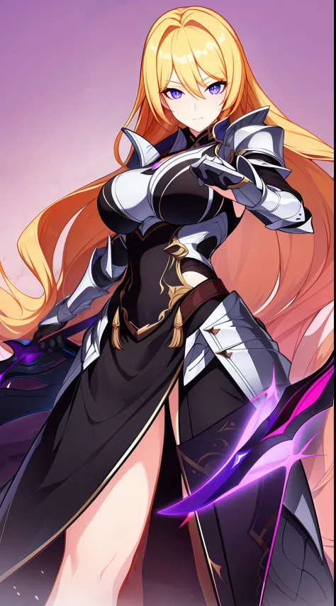 Tall girl, longue blonde hair, violet eyes, knight armor, huge sword, combat stance, Masterpiece, hiquality