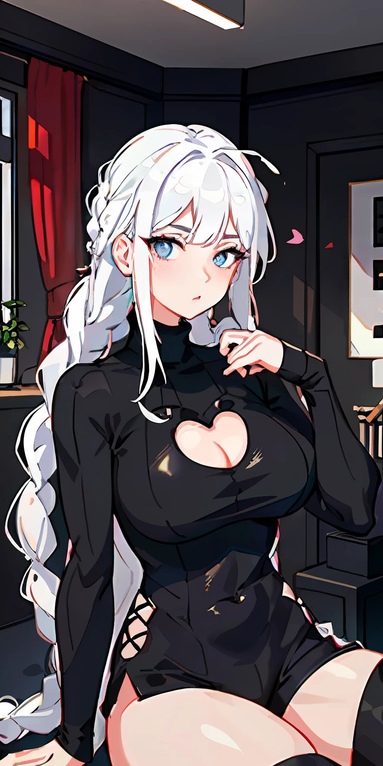 (masterpiece), best quality, expressive eyes, perfect face, ((1girl with white hair and braids)), ((She is wearing a black turtleneck bodysuit with inbuilt shorts and a heart cutout)), ((Black turtleneck top)), ((Sitting in her room)), (Big breasts)