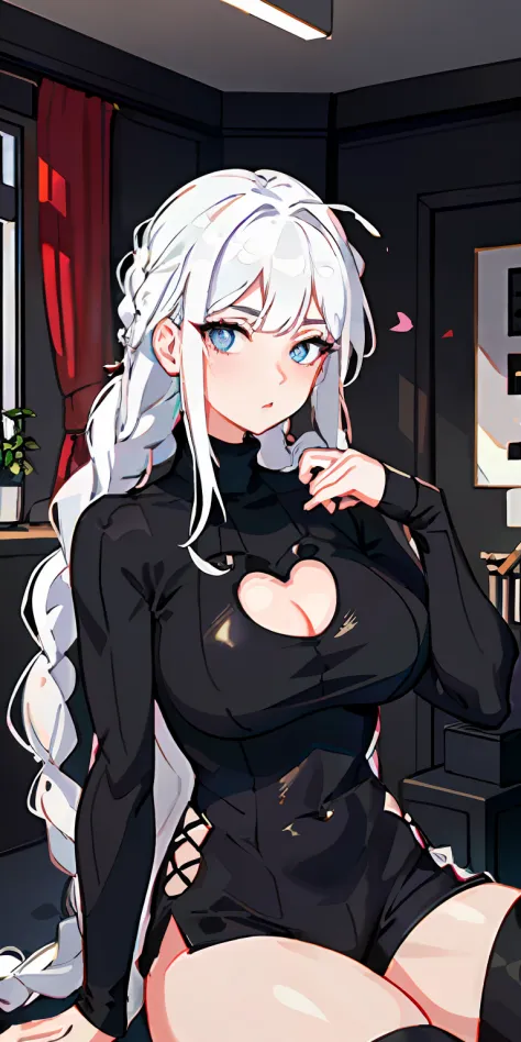 (masterpiece), best quality, expressive eyes, perfect face, ((1girl with white hair and braids)), ((She is wearing a black turtl...