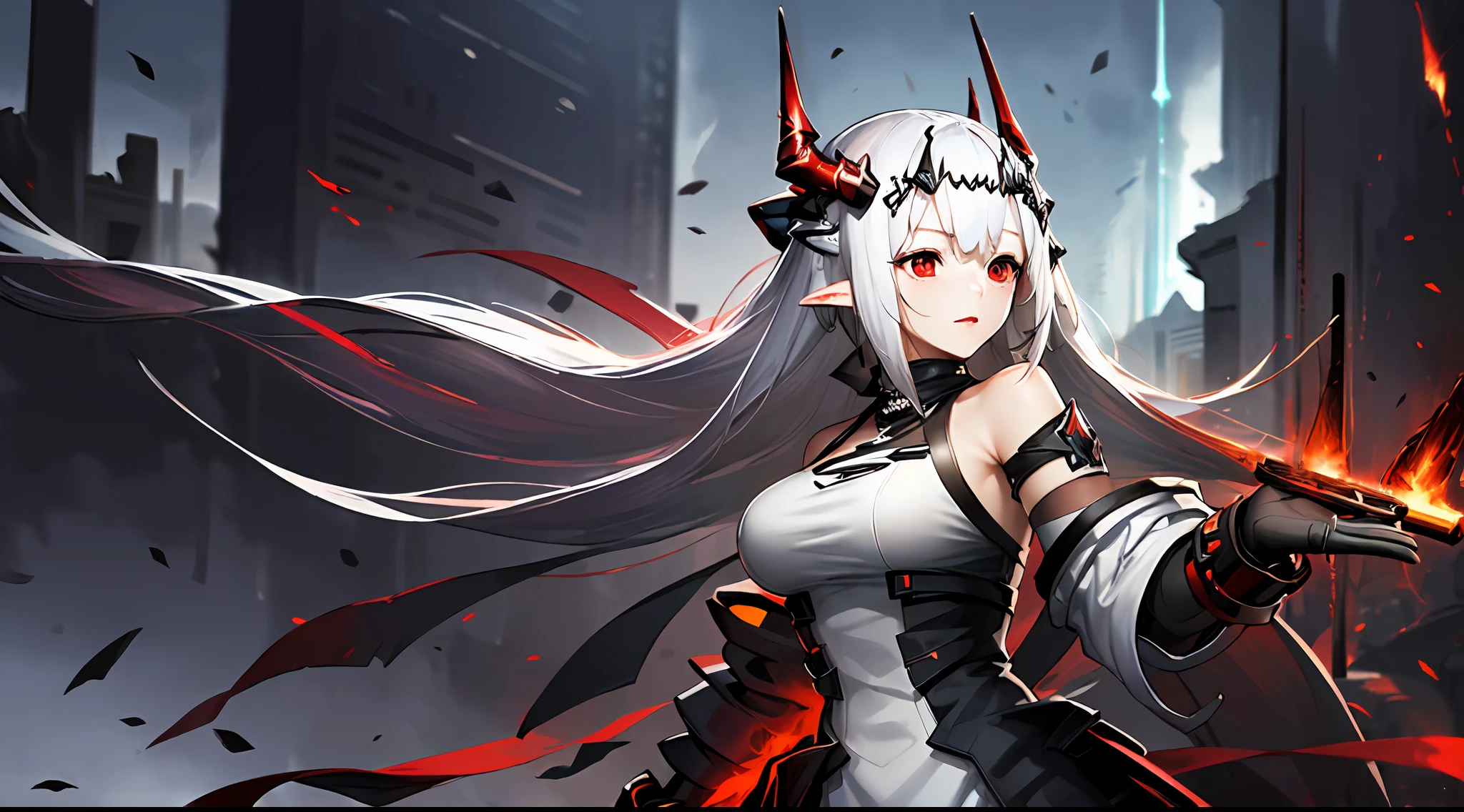 (Dynamic angle, upper body,Battlefield, artillery fire, ruins, ashes, lightning effects and Flame particle effect,artistic effect:1.2),(floating and spread hair:1.2), (detailed and delicate and flexible eyes),(1girl,solo,arm, oripathy lesion (arknights),splash ink,angry.open_mouth,shout,white hair,red eyes, hair ornament, pointy ears,oripathy lesion (arknights), infection monitor (arknights),black horns,Clothes are damaged,Injuries, abrasions:1.2),mudrock (arknights), (corrpution,cowboyshot:1.15), kda, fov,f/1.8, side lighting, sunlight on people (masterpiece, best quality, Ultra Detail, wallpaper, detailed shiny skin, flawless, 8k, RAW, highres,absurdres,:1.3), (detailed super oily shiny skin:1.1),[wet:0.8|mucus], colorful, power scene,(imid shot:0.95),