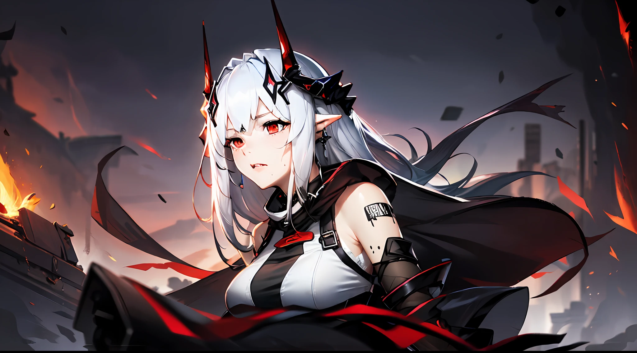 (Dynamic angle, upper body,Battlefield, artillery fire, ruins, ashes, lightning effects and Flame particle effect,artistic effect:1.2),(floating and spread hair:1.2), (detailed and delicate and flexible eyes),(1girl,solo,arm, oripathy lesion (arknights),splash ink,angry.open_mouth,shout,white hair,red eyes, hair ornament, pointy ears,oripathy lesion (arknights), infection monitor (arknights),black horns,Clothes are damaged,Injuries, abrasions:1.2),mudrock (arknights), (corrpution,cowboyshot:1.15), kda, fov,f/1.8, side lighting, sunlight on people (masterpiece, best quality, Ultra Detail, wallpaper, detailed shiny skin, flawless, 8k, RAW, highres,absurdres,:1.3), (detailed super oily shiny skin:1.1),[wet:0.8|mucus], colorful, power scene,(imid shot:0.95),