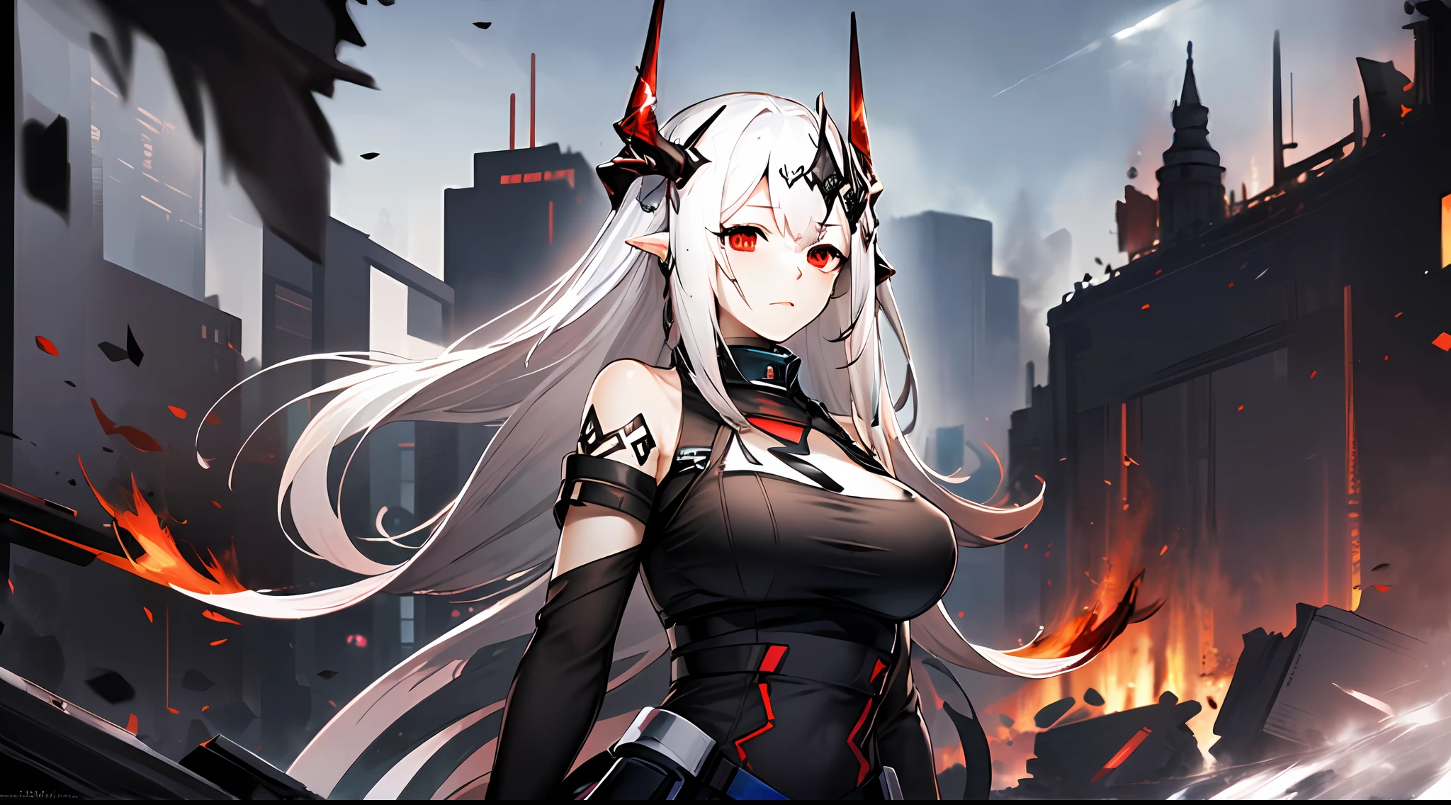 (Dynamic angle, upper body,Battlefield, artillery fire, ruins, ashes, lightning effects and Flame particle effect,artistic effect:1.2),(floating and spread hair:1.2), (detailed and delicate and flexible eyes),(1girl,solo,arm, oripathy lesion (arknights),splash ink,angry.open_mouth,shout,white hair,red eyes, hair ornament, pointy ears,oripathy lesion (arknights), infection monitor (arknights),black horns,Clothes are damaged,Injuries, abrasions:1.2),mudrock (arknights), (corrpution,cowboyshot:1.15), kda, fov,f/1.8, side lighting, sunlight on people (masterpiece, best quality, Ultra Detail, wallpaper, detailed shiny skin, flawless, 8k, RAW, highres,absurdres,:1.3), (detailed super oily shiny skin:1.1),[wet:0.8|mucus], colorful, power scene,(imid shot:0.95),