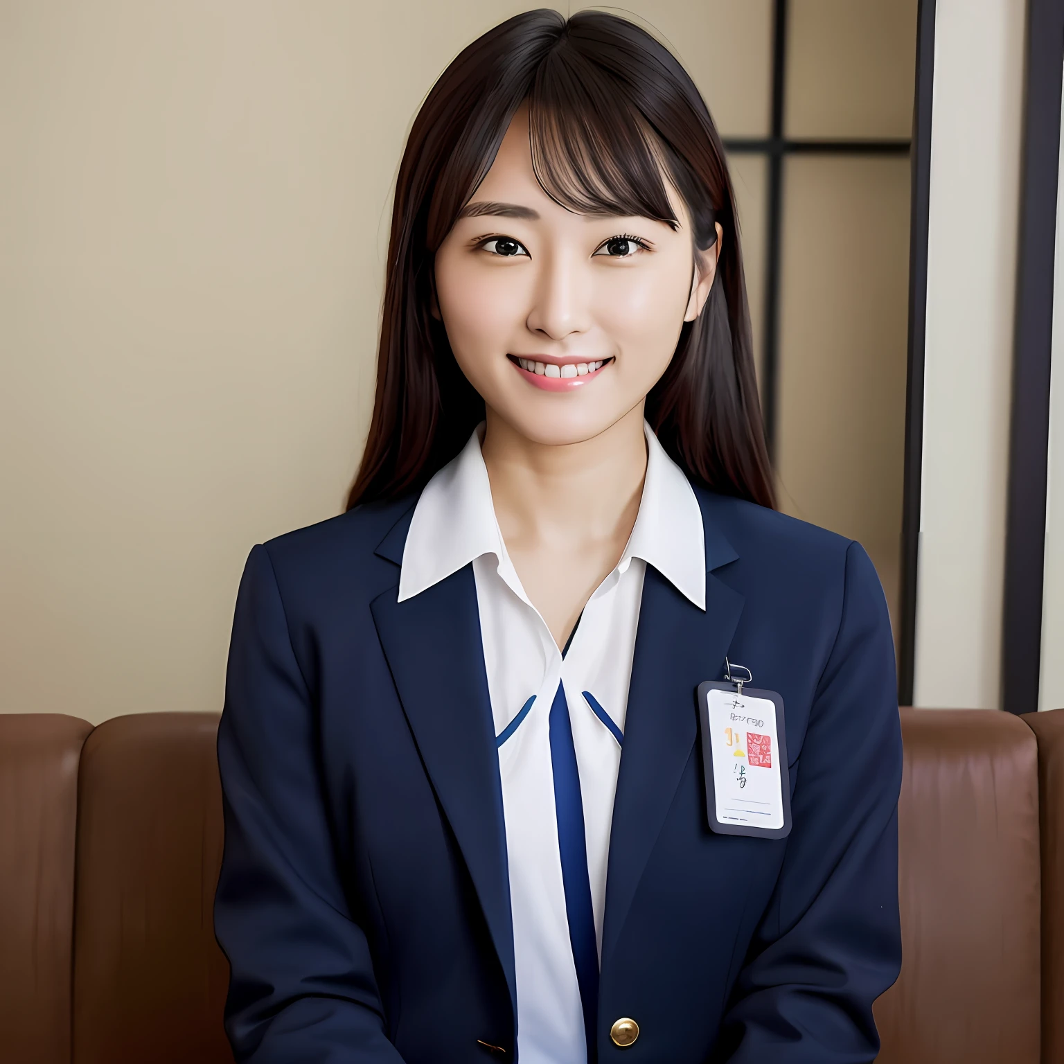 Smiling woman in blue suit sitting on brown sofa, Japan women１a person, Japan OL１a person, 30-year-old beautiful office lady１a person、30-year-old beauty in office lady uniform、Beauty Office Lady１a person、