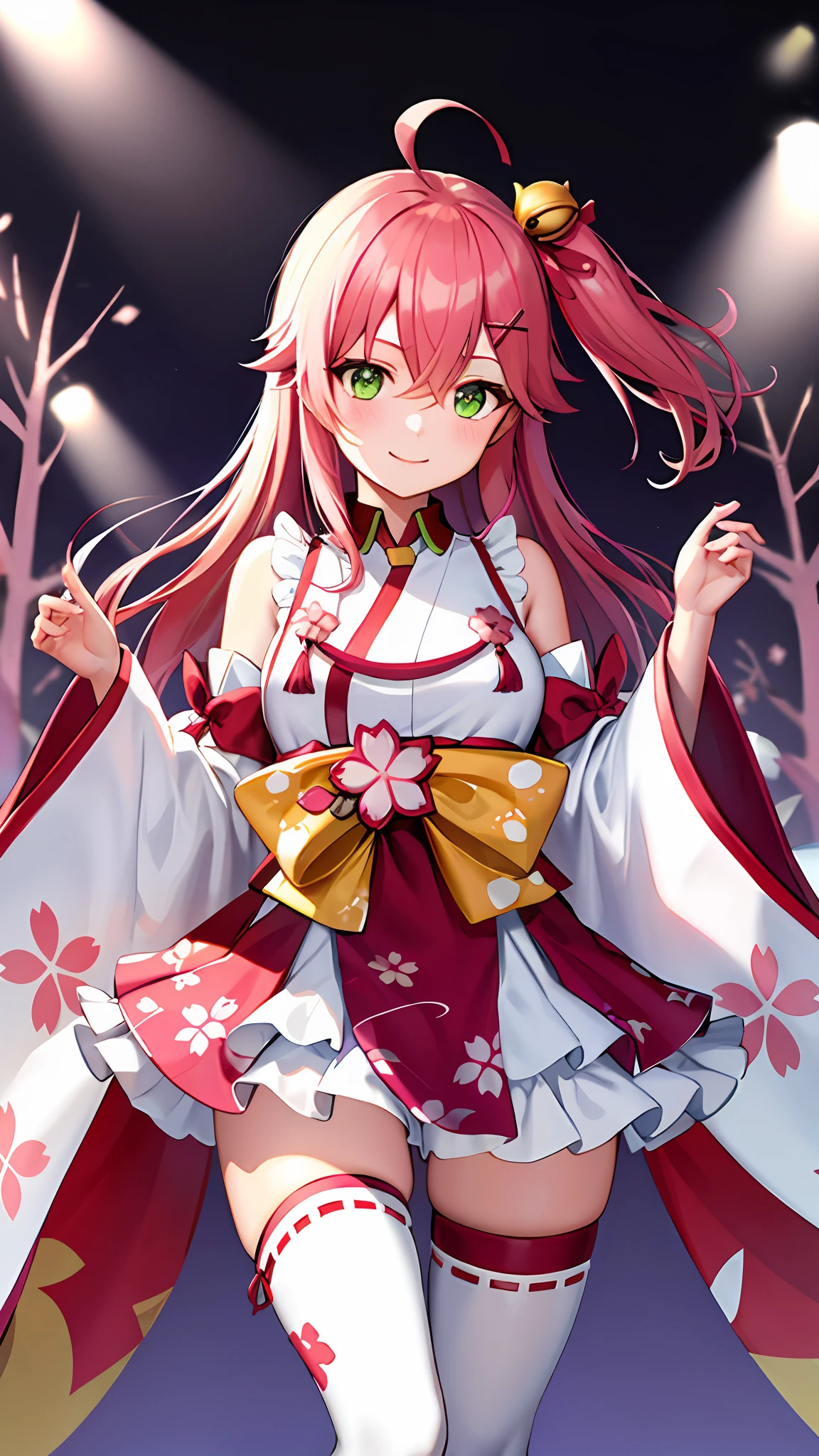 masterpiece, best quality, highres, miko1, sakura miko, 1girl, green eyes, solo, ahoge, x hair ornament, pink hair, single thighhigh, floral print, hairclip, sideboob, hair bell, floral print, long hair, hair between eyes, one side up, white thighhighs, asymmetrical legwear, wide sleeves, cowboy shot, smile,