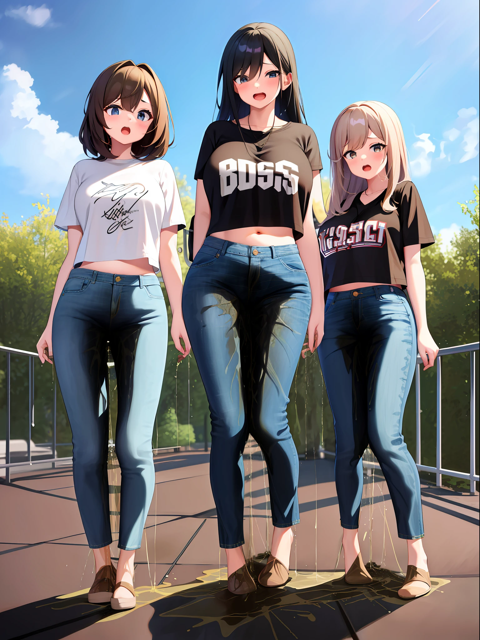 Three anime girls standing next to each other on a bridge - SeaArt AI