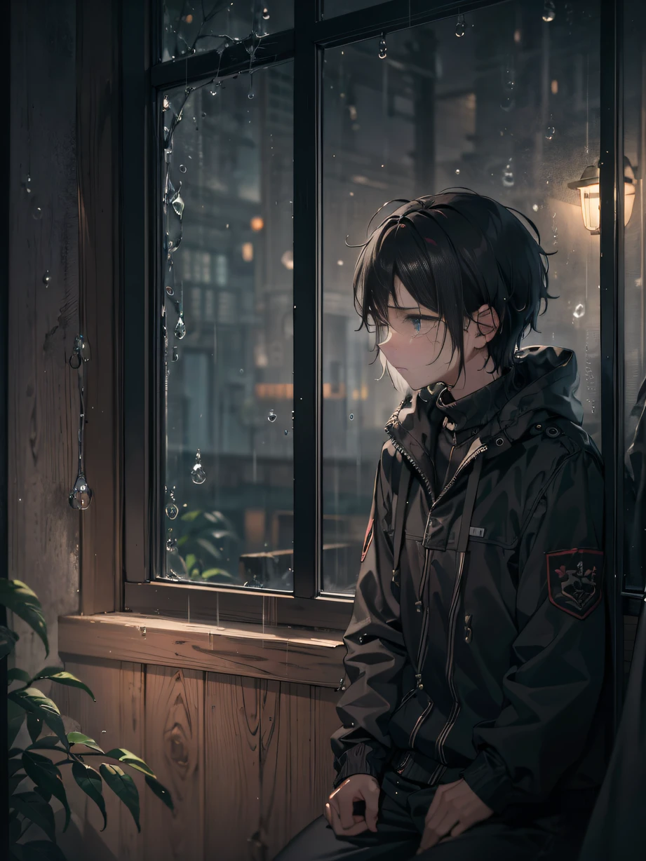 ，masterpiece, best quality，8k, ultra highres，The protagonist sits by the window，Looking out the glass window at the drizzle。The raindrops seem to represent the tears in the protagonist's heart，Scratch a blurry mark on the window。The lights in the room are dim，Shines on the protagonist's face through the window，Reflecting his somber and sad expression。The whole picture reveals a warm and sad atmosphere。