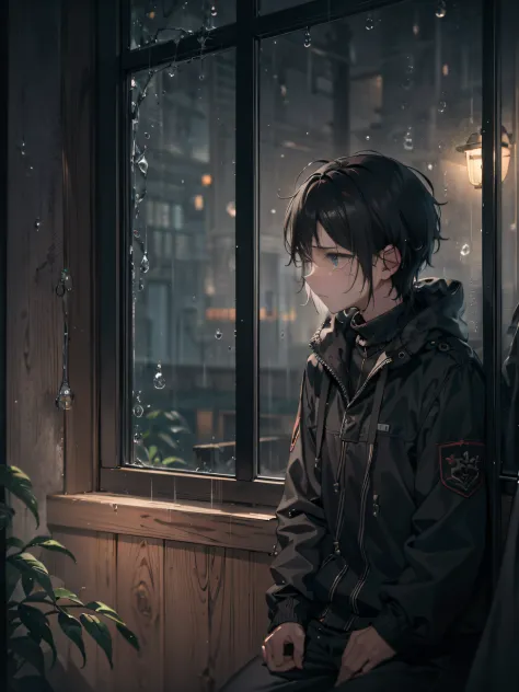 ，masterpiece, best quality，8k, ultra highres，The protagonist sits by the window，Looking out the glass window at the drizzle。The ...