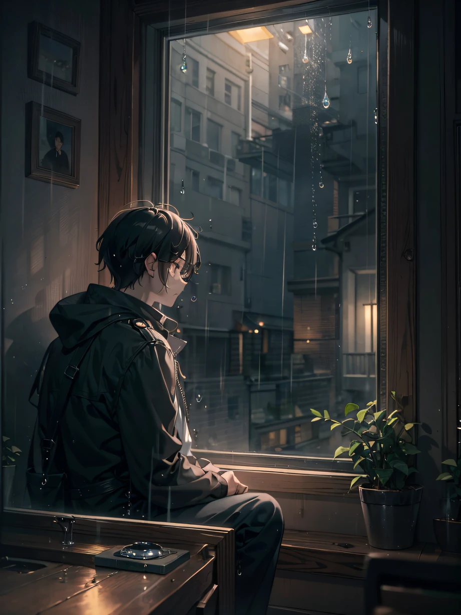 ，masterpiece, best quality，8k, ultra highres，The protagonist sits by the window，Looking out the glass window at the drizzle。The raindrops seem to represent the tears in the protagonist's heart，Scratch a blurry mark on the window。The lights in the room are dim，Shines on the protagonist's face through the window，Reflecting his somber and sad expression。The whole picture reveals a warm and sad atmosphere。