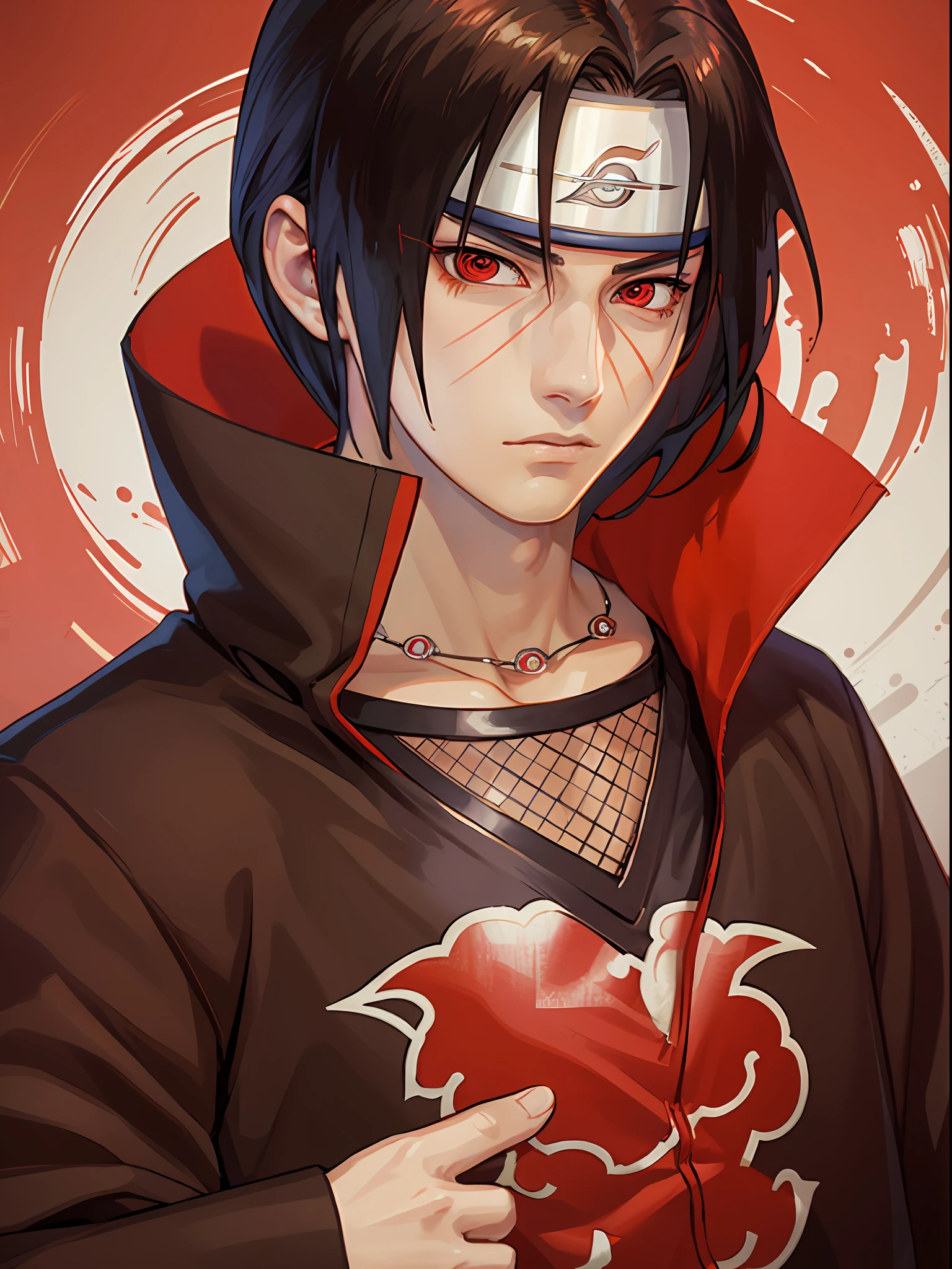 (masterpiece, best quality:1.2), red theme, cowboy shot, solo, male focus, 1boy, uchiha itachi, expressionless, closed mouth, looking at viewer, forehead protector, ninja, cloak, high collar, jewelry, necklace