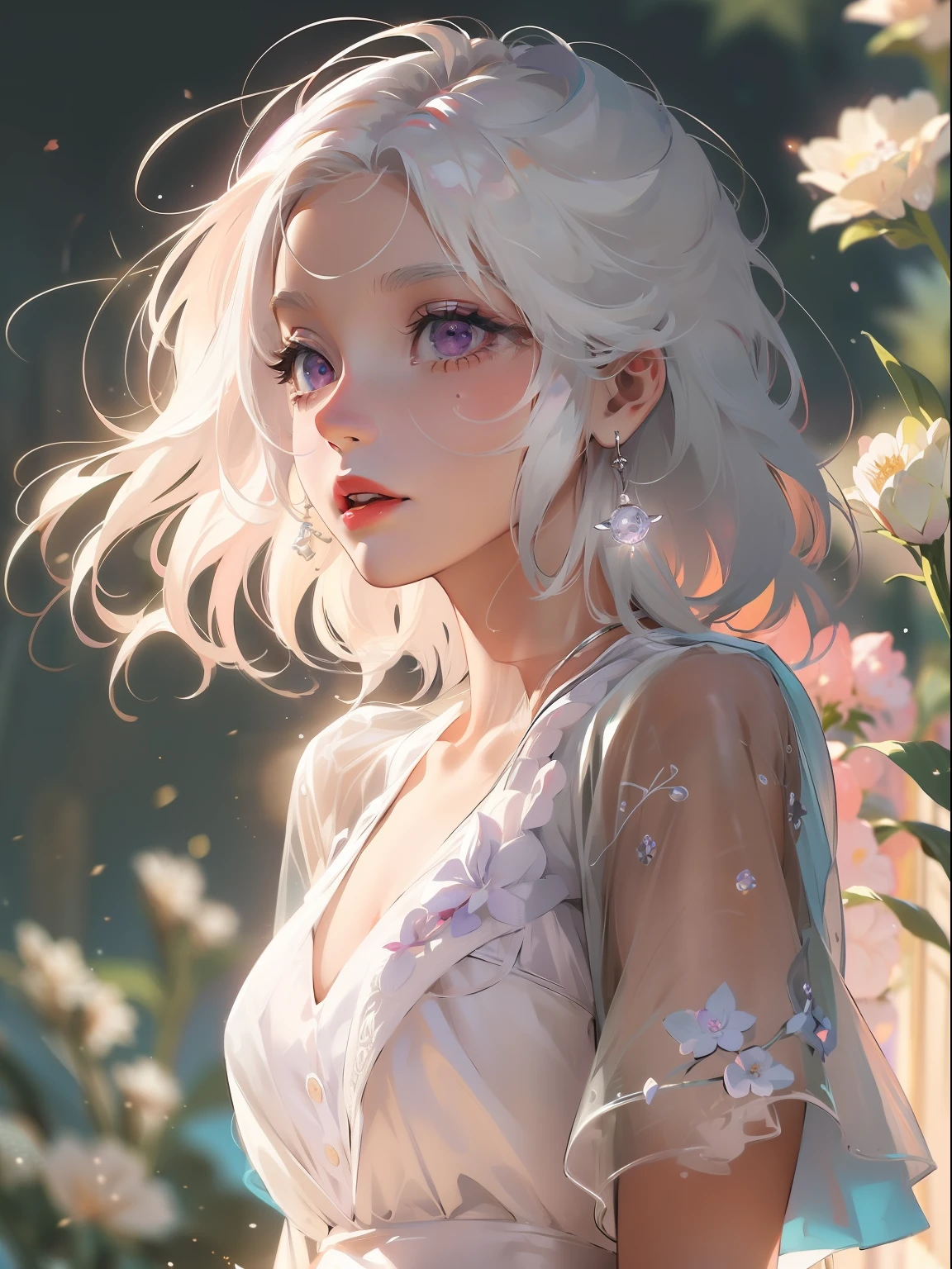 Realistic, 1girl, white hair, purple eyes, glowing eyes, cropped top, skirt, parted lips, blush, night, flowers, sun, sunlight, white skirt, short skirt, medium length hair, real, warm colors, white short Dress, white clothes, light background color, day environment, bright color background, saudi, ocean, cute,