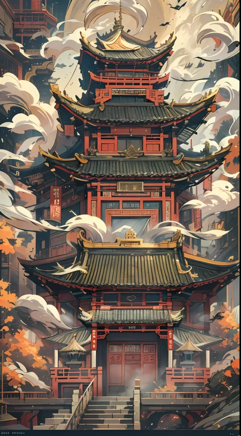 A photo of an Asian building，Smoke comes out of it, In the style of 2D game art, dark white and light gold, chinapunk, functionality emphasis, Faith-inspired art, Animated actions, Historical themes,32k uhd, best quality, masterpiece, super detail, high de...