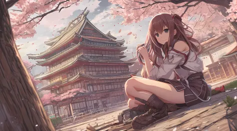 (Best Quality), (8K), (Detailed background), Detailed landscapes, factories, Long hair, Brown eyes, Upper body, Komono, cherrybl...