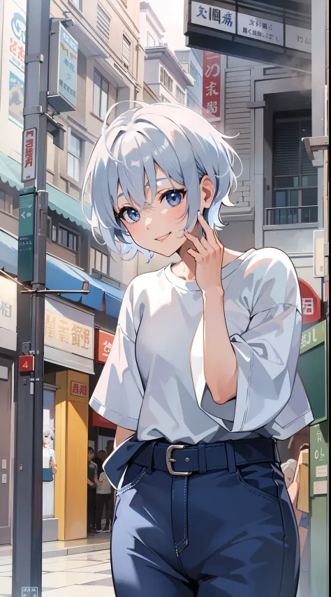 Become a woman。Short-haired woman with silver hair。Wearing a white T-shirt and dark blue pants、I'm on the street of the building。Eating crepes。The face is a smile。It is an anime-style illustration。Beautiful with the best image quality