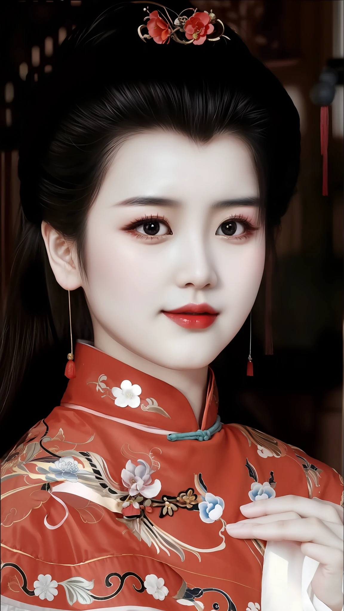 in a red dress，Allafard Asian woman with red flowers in her hair, Chinese girl, Chinese woman, China Princess, ancient chinese beauti, Princesa chinesa antiga, Chinese traditional, Inspired by Qiu Ying, Traditional beauty, inspired by Yao Tingmei, Inspired by Lan Ying, traditional art, Chinese style, detailed face of a asian girl, inspired by Xie Huan