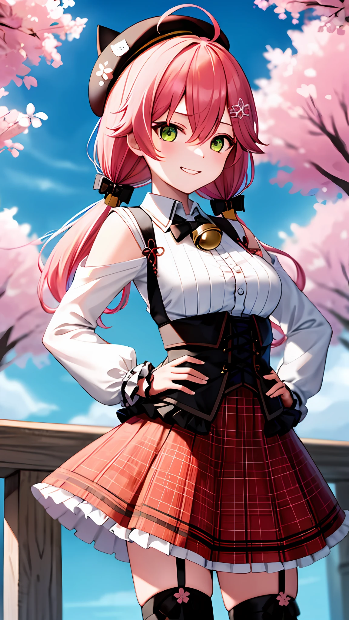 masterpiece, best quality, highres, miko2, sakura miko, 1girl, solo, green eyes, long hair, ahoge, black headwear, hair ornament, white shirt, black thighhighs, pink hair, red skirt, plaid skirt, garter straps, collared shirt, hairclip, frills, bangs, hair between eyes, animal hat, frilled skirt, beret, pleated skirt, hair flower, low twintails, neck bell, cat hat, medium breasts, puffy long sleeves, black bow, underbust, evil smile, hand on hip, outdoors, hands behind,