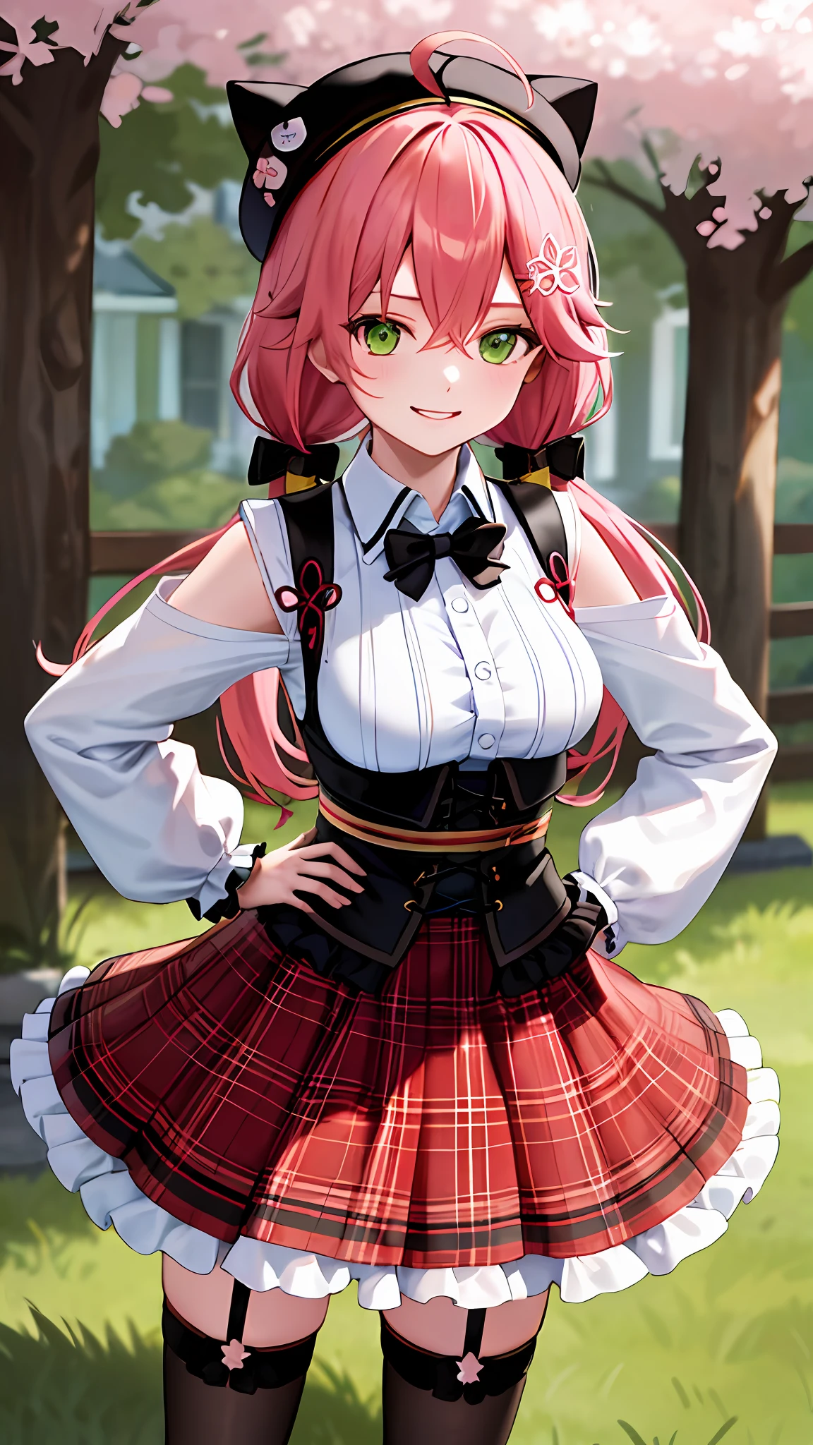 masterpiece, best quality, highres, miko2, sakura miko, 1girl, solo, green eyes, long hair, ahoge, black headwear, hair ornament, white shirt, black thighhighs, pink hair, red skirt, plaid skirt, garter straps, collared shirt, hairclip, frills, bangs, hair between eyes, animal hat, frilled skirt, beret, pleated skirt, hair flower, low twintails, neck bell, cat hat, medium breasts, puffy long sleeves, black bow, underbust, evil smile, hand on hip, outdoors, hands behind,