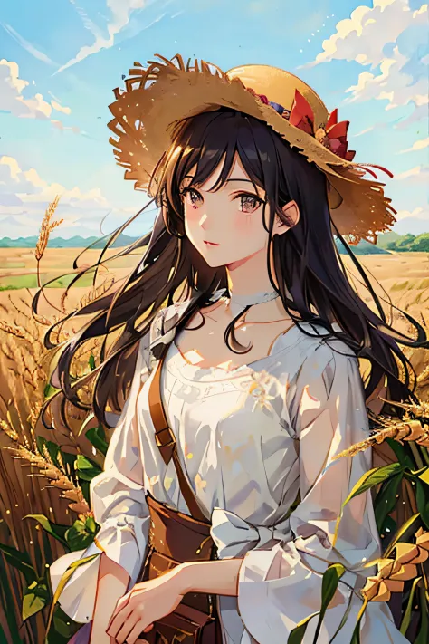 (Daisaku),(Quality:1.0),(super tall:1.0),Detailed illustration,portrait,A detailed,watercolor paiting，1 girl standing in a wheat field,full bodyesbian,Straw Hat Hat,Hat ornaments,ventania,blue-sky,choker necklace,Look at the viewer, (foreground, wheat),