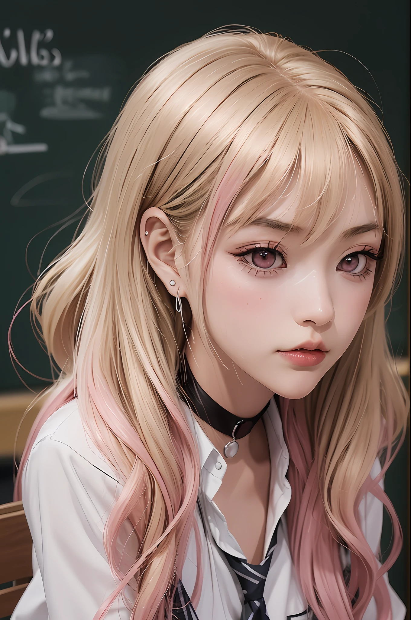 1girl, Kitagawa, portrait, blonde, masterpiece, best quality, highres, upper blodie, (from front), 1 girl, blonde hair, long hair, hq, straight hair, pink hair tips, red eyes, piercing in ear, school uniform, white shirt, tied shirt, black chocker, gray necktie, skirt plaid, (serious), look serious, flushy, pink lips, medium bust, (stand), (school class), soft skin, (high quality cloting), shiny eyes, pink eyelid, black eyeliner, nails pink, (crossed arms), beautiful face, 4k, chalkboard in the background, best quality, raw camera, chairs tables,