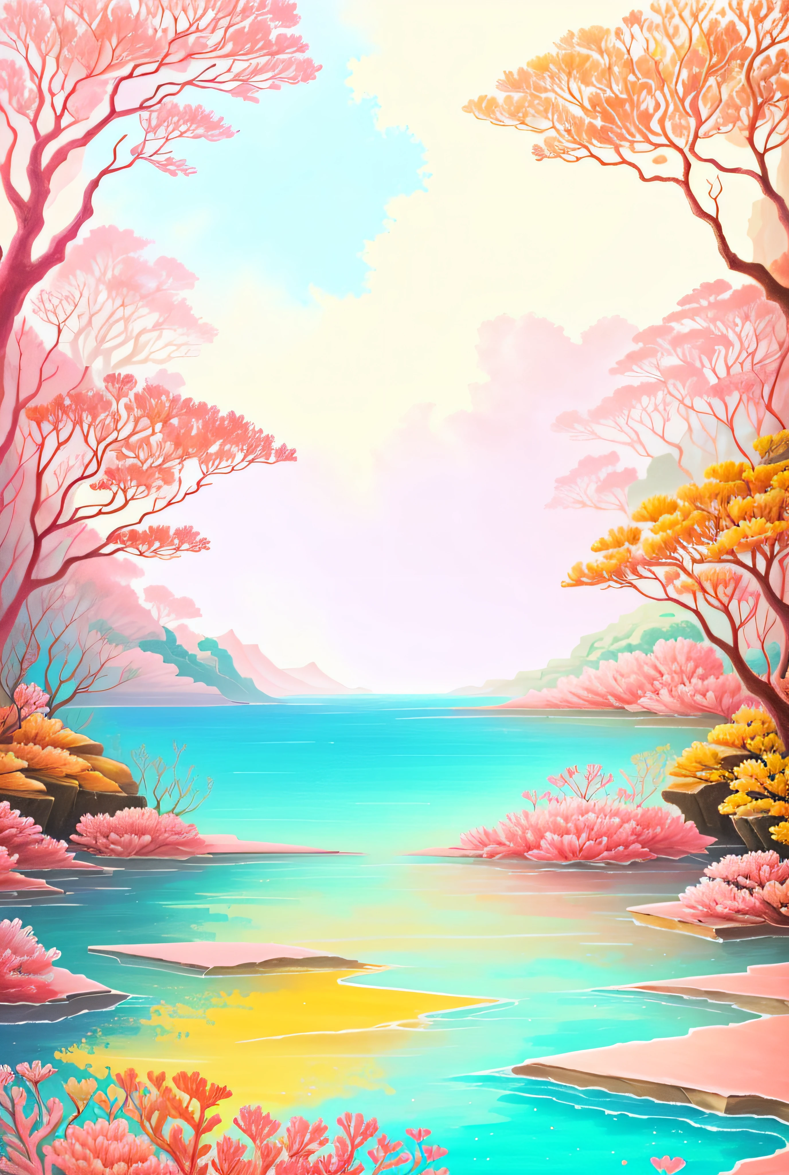 Thick strokes，without humans，Rich background，Nice looking paintings， scenecy，In pink，amarelo，Feathers as background，The corals，the reef
