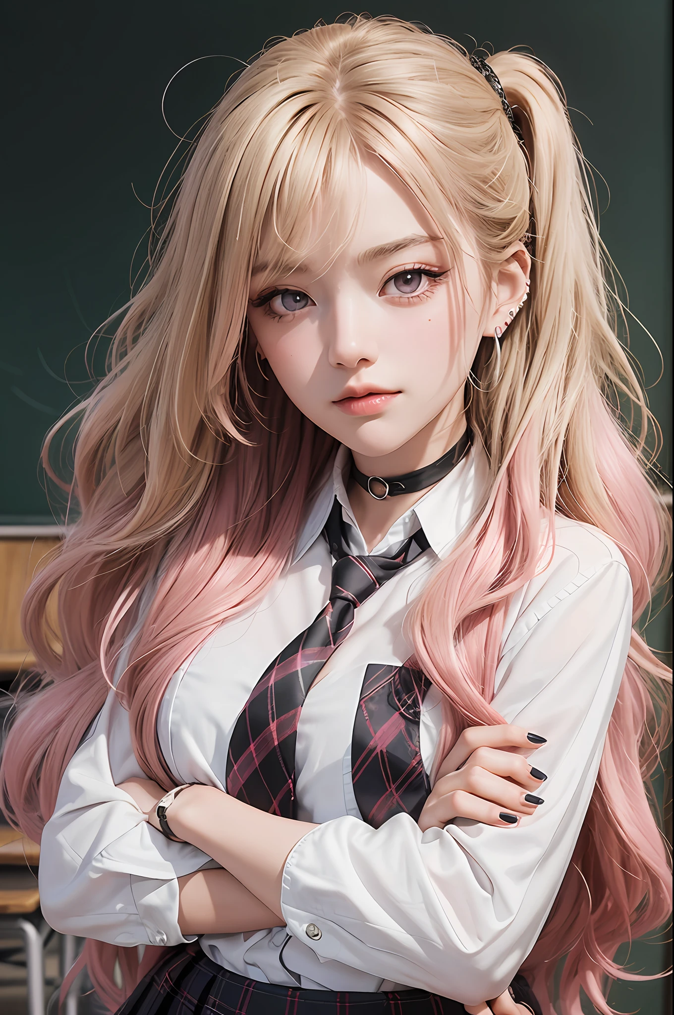 1girl, Kitagawa, portrait, blonde, masterpiece, best quality, highres, upper blodie, (from front), 1 girl, blonde hair, long hair, hq, straight hair, pink hair tips, red eyes, piercing in ear, school uniform, white shirt, tied shirt, black chocker, gray necktie, skirt plaid, (serious), look serious, flushy, pink lips, medium bust, (stand), (school class), soft skin, (high quality cloting), shiny eyes, pink eyelid, black eyeliner, nails pink, (crossed arms), beautiful face, 4k, chalkboard in the background, best quality, raw camera, chairs tables,