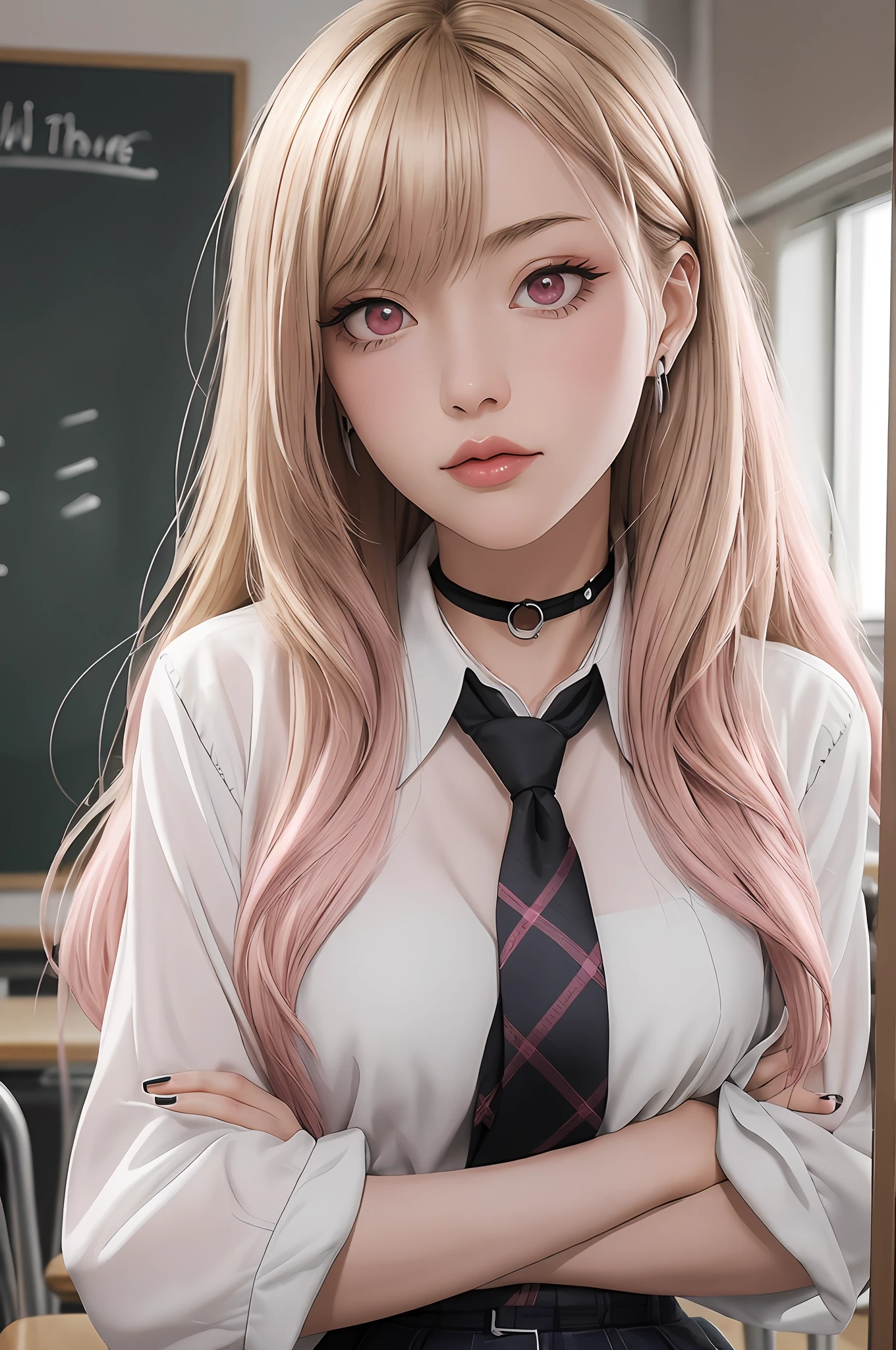 1girl, Kitagawa, portrait, blonde, masterpiece, best quality, highres, upper blodie, (from front), 1 girl, blonde hair, long hair, hq, straight hair, pink hair tips, red eyes, piercing in ear, school uniform, white shirt, tied shirt, black chocker, gray necktie, skirt plaid, (serious), look serious, flushy, pink lips, medium bust, (stand), (school class), soft skin, (high quality cloting), shiny eyes, pink eyelid, black eyeliner, nails pink, (crossed arms), beautiful face, 4k, chalkboard in the background, best quality, raw camera, chairs tables,