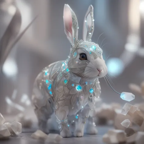A cute rabbit made of crystal, 4K, (cyborg:1.1), ([tail|detail wire]:1.3), (intricate detail), hdr, (intricate detail, super detail:1.2), cinematography, vignetting, centering