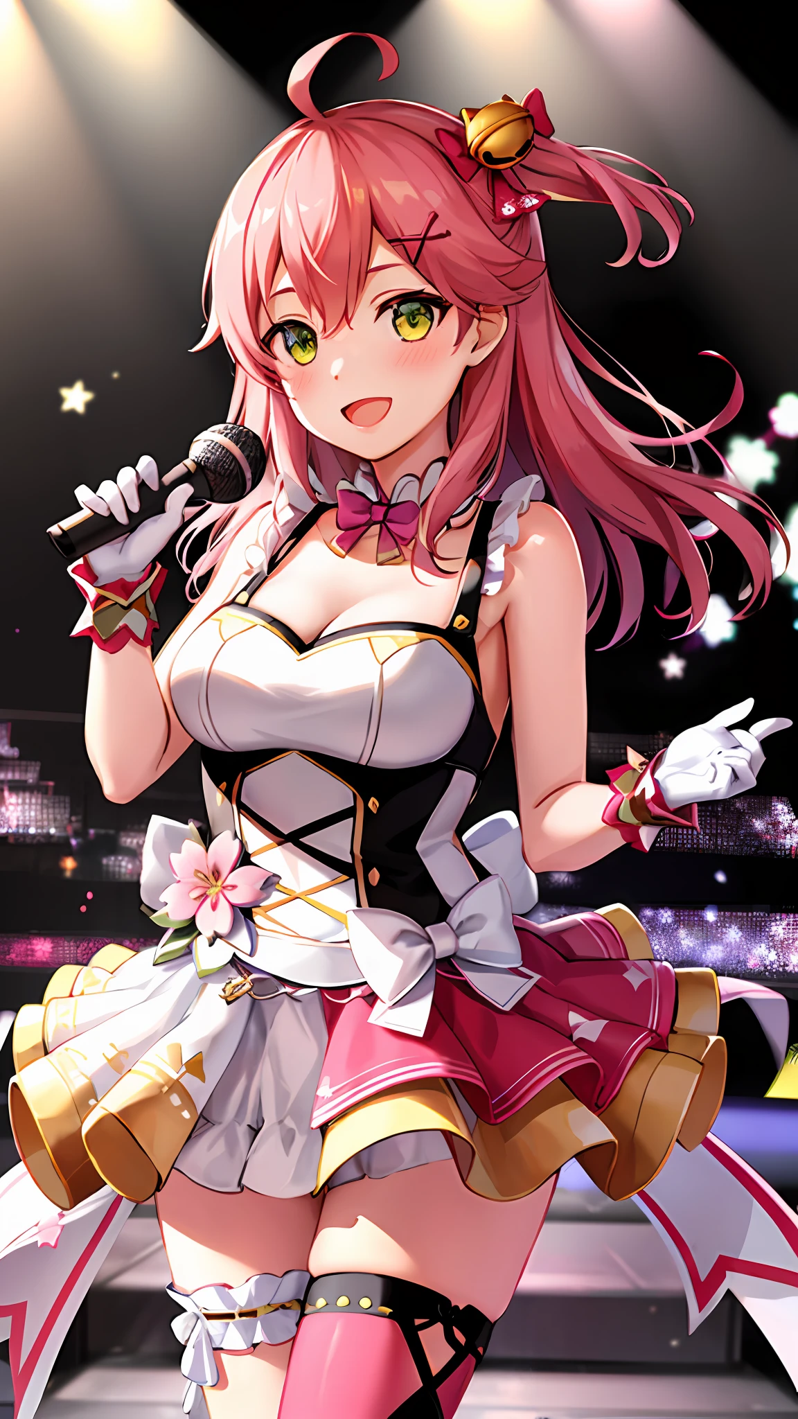 masterpiece, best quality, highres, miko4, 1girl, hololive idol uniform, sakura miko, idol clothes, green eyes, ahoge, pink hair, solo, x hair ornament, hairclip, single thighhigh, white gloves, long hair, floral print, bell, hair bell, cleavage, pink thighhighs, one side up, on the stage, microphone, smile, open mouth,  blush, show teeth,