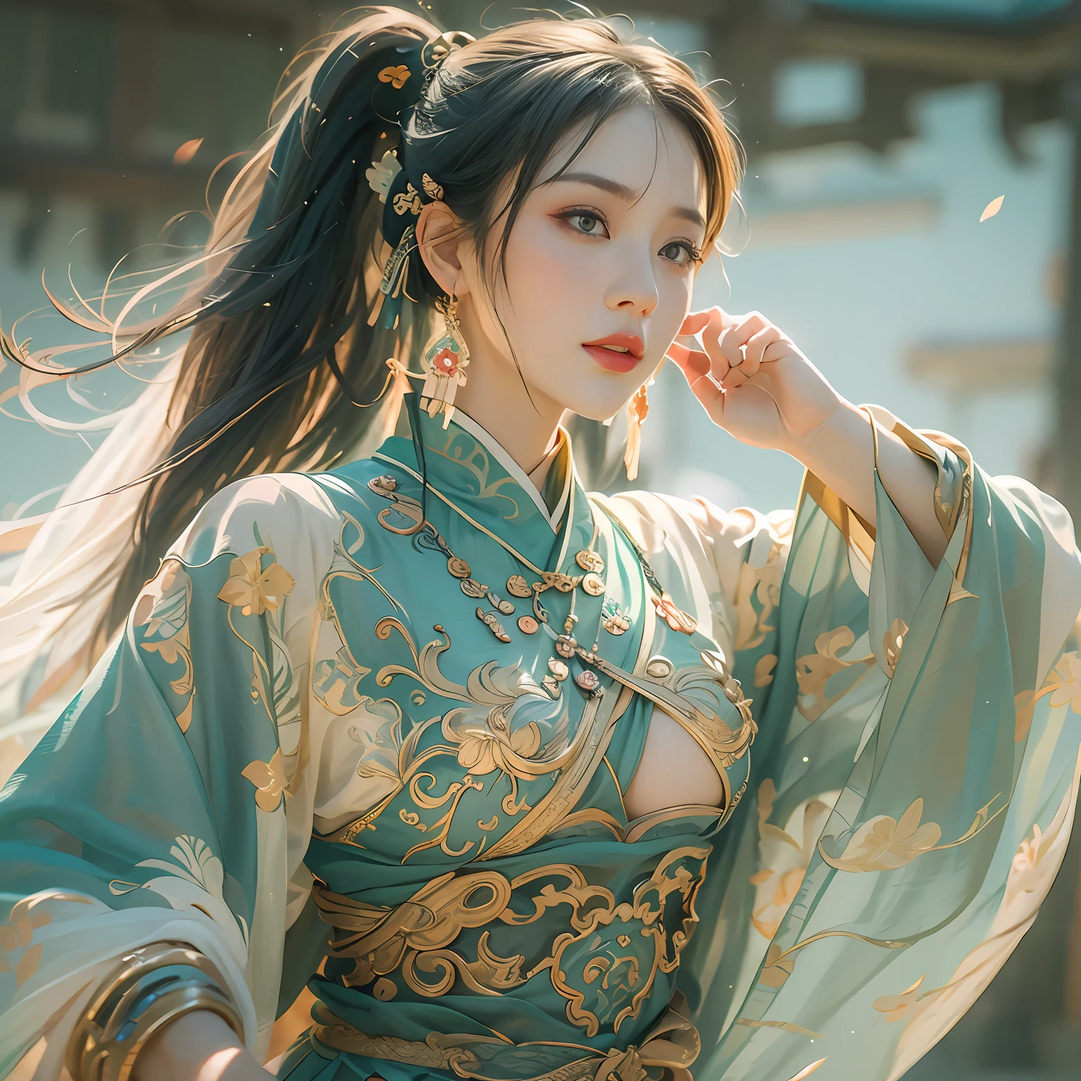 (Best quality), (Masterpiece), (1girl), beautiful girl, perfect face, perfect body, big breast, dancing, cinematic light, dunhuang_cloths, dunhuang_style, Hanfu, guofeng, outdoor, hard lighting, simple light