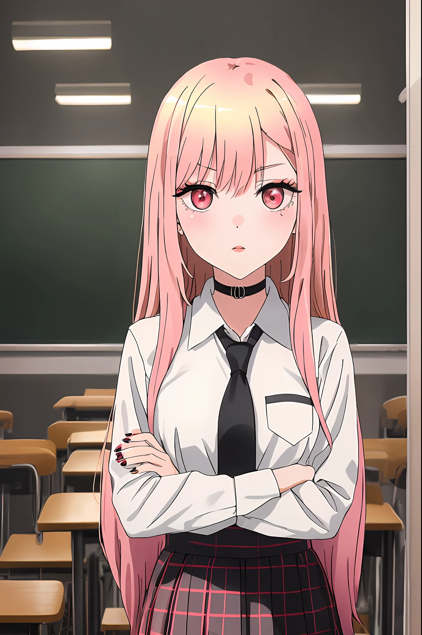 1girl, Kitagawa, portrait, blonde, masterpiece, best quality, highres, upper blodie, (from front), 1 girl, blonde hair, long hair, hq, straight hair, pink hair tips, red eyes, piercing in ear, school uniform, white shirt, tied shirt, black chocker, gray necktie, skirt plaid, (serious), look serious, flushy, pink lips, medium bust, (stand), (school class), soft skin, (high quality cloting), shiny eyes, pink eyelid, black eyeliner, nails pink, (crossed arms), beautiful face, 4k, chalkboard in the background, best quality, raw camera, chairs tables,