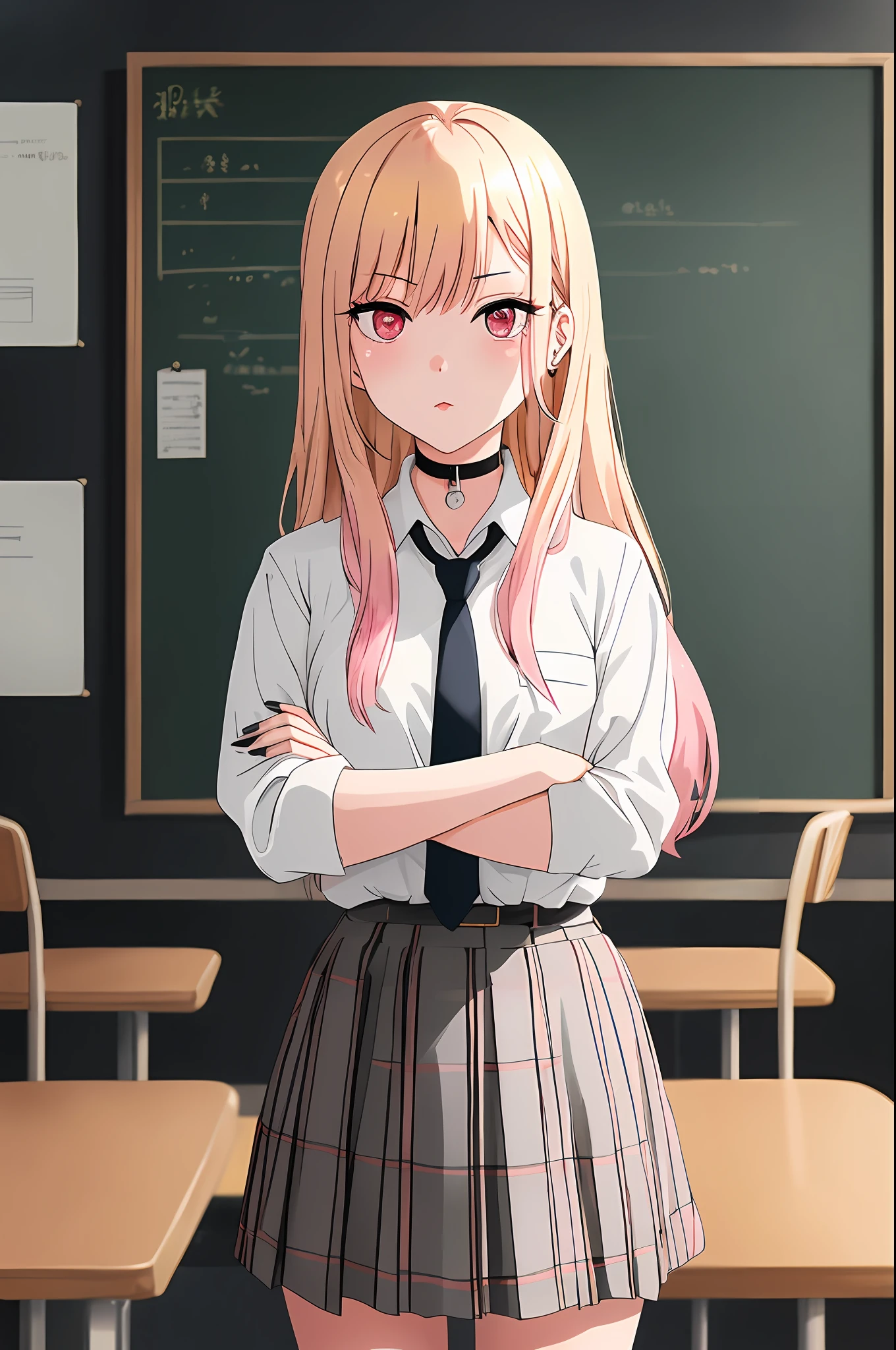 1girl, Kitagawa, portrait, blonde, masterpiece, best quality, highres, upper blodie, (from front), 1 girl, (blonde hairr), long hair, hq, straight hair, pink hair tips, red eyes, piercing in ear, school uniform, white shirt, tied shirt, black chocker, gray necktie, skirt plaid, (serious), look serious, flushy, pink lips, medium bust, (stand), (school class), soft skin, (high quality cloting), shiny eyes, pink eyelid, black eyeliner, nails pink, (crossed arms), beautiful face, 4k, chalkboard in the background, best quality, raw camera, chairs tables,