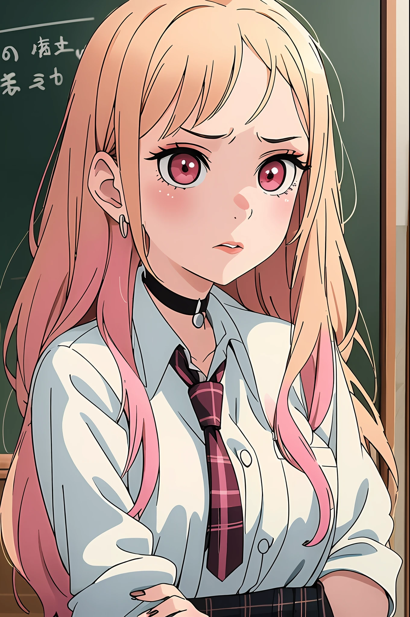 1girl, Kitagawa, portrait, blonde, masterpiece, best quality, highres, upper blodie, (from front), 1 girl, blonde hair, long hair, hq, straight hair, pink hair tips, red eyes, piercing in ear, school uniform, white shirt, tied shirt, black chocker, gray necktie, skirt plaid, (serious), look serious, flushy, pink lips, medium bust, (stand), (school class), soft skin, (high quality cloting), shiny eyes, pink eyelid, black eyeliner, nails pink, (crossed arms), beautiful face, 4k, chalkboard in the background, best quality, raw camera, chairs tables,