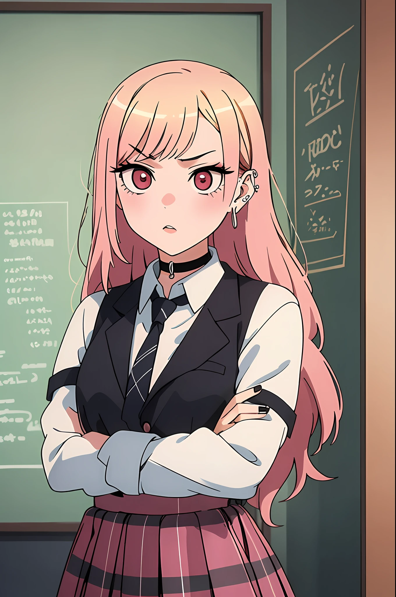 1girl, Kitagawa, portrait, blonde, masterpiece, best quality, highres, upper blodie, (from front), 1 girl, blonde hair, long hair, hq, straight hair, pink hair tips, red eyes, piercing in ear, school uniform, white shirt, tied shirt, black chocker, gray necktie, skirt plaid, (serious), look serious, flushy, pink lips, medium bust, (stand), (school class), soft skin, (high quality cloting), shiny eyes, pink eyelid, black eyeliner, nails pink, (crossed arms), beautiful face, 4k, chalkboard in the background, best quality, raw camera, chairs tables,