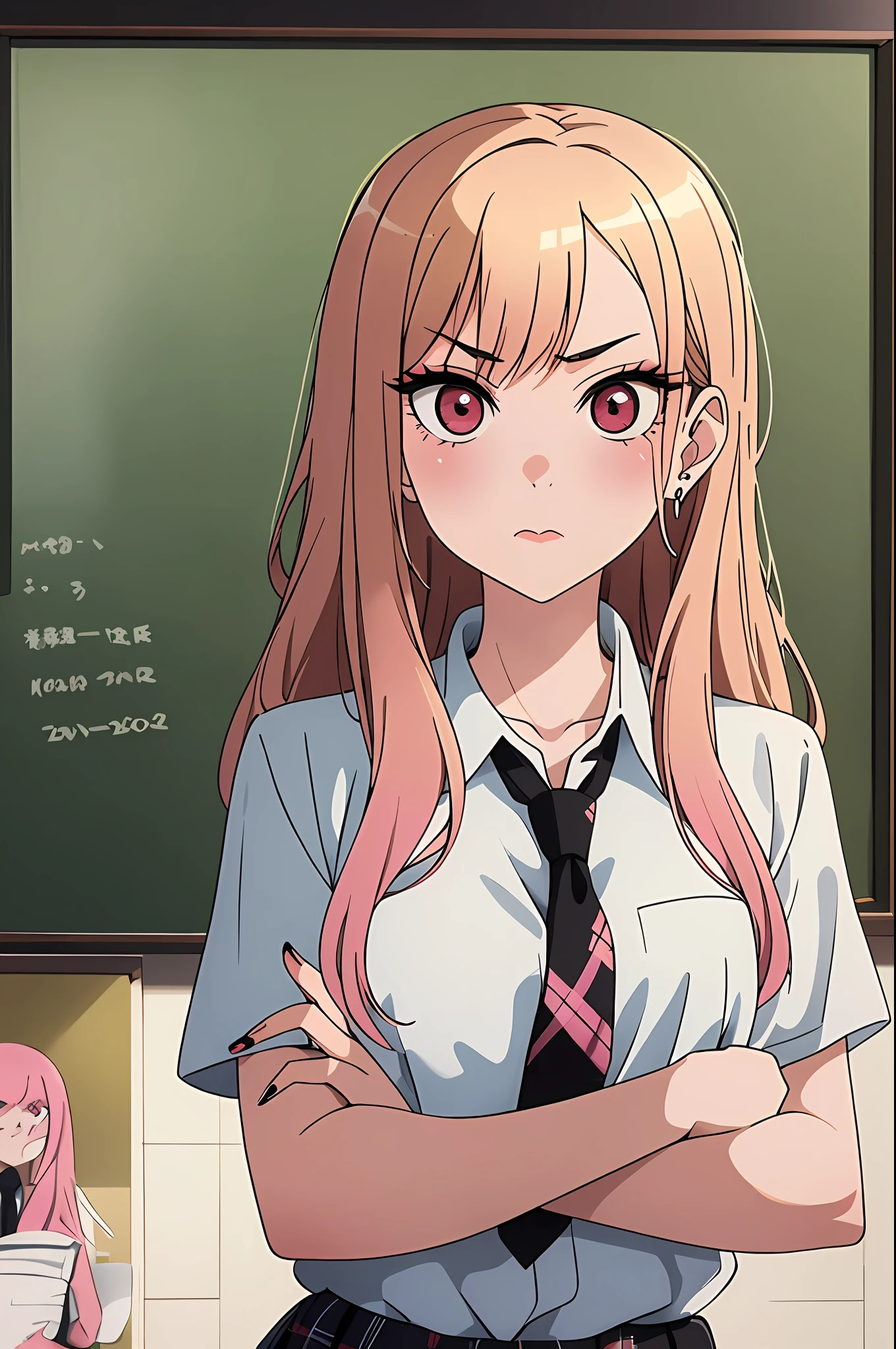 1girl, Kitagawa, portrait, blonde, masterpiece, best quality, highres, upper blodie, (from front), 1 girl, blonde hair, long hair, hq, straight hair, pink hair tips, red eyes, piercing in ear, , white shirt, tied shirt, black chocker, gray necktie, skirt plaid, (serious), look serious, flushy, pink lips, medium bust, (stand), (school class), soft skin, (high quality cloting), shiny eyes, pink eyelid, black eyeliner, nails pink, (crossed arms), beautiful face, 4k, chalkboard in the background, best quality, raw camera, chairs tables,