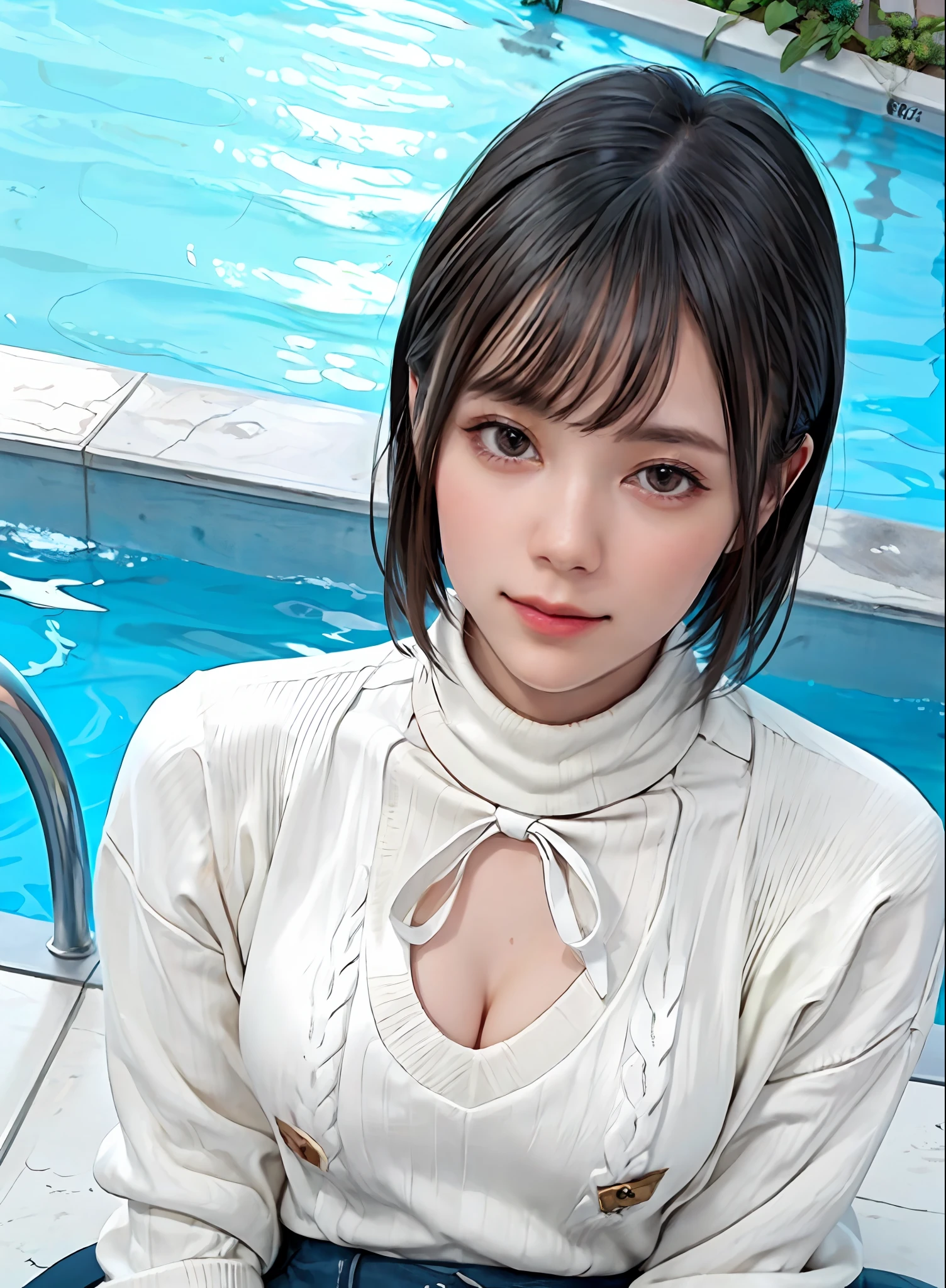 best quality, photorealistic, 8k, high res, 1girl, woman, (skindentation), (portrait:0.6), gorgeous, ((poolsidebackground:1.65)), ((jeans, highneck-sweater:1.75)),  straight-looking at viewer:1.8, (1girl eyes looking at viewer, short-length straighthair,  black hair, partedbangs:1.65), photorealistic, (bokeh), (smile:1.2), (closed mouth:1.66), gorgeous, pureerosface_v1,